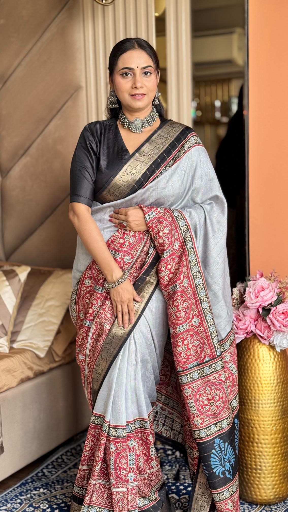 Majestic Gray And Black Ajrakh Kashmiri Modal silk Saree