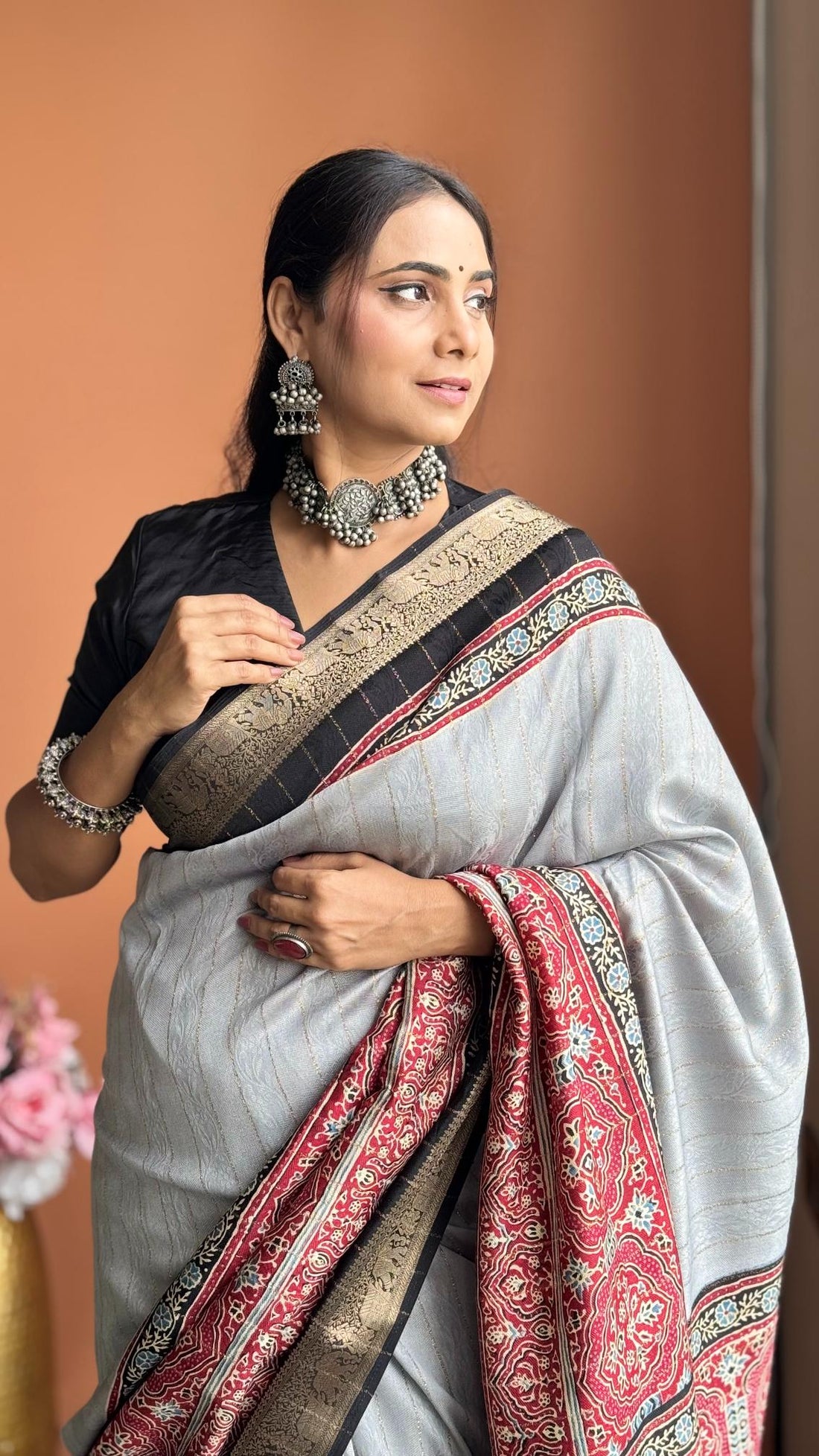 Majestic Gray And Black Ajrakh Kashmiri Modal silk Saree