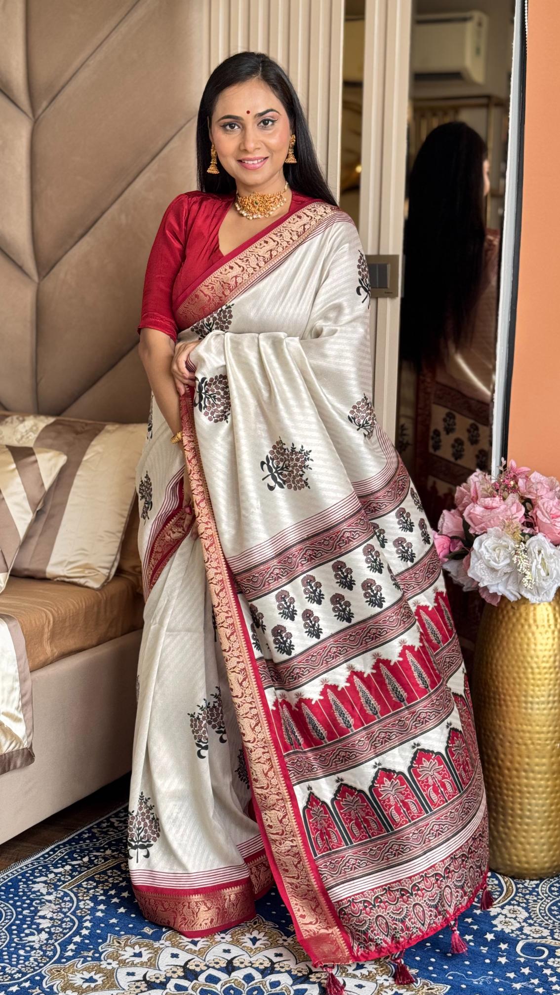 Luxuriant Maroon And Cream Ajrakh Kashmiri Modal silk Buta Leriya Saree