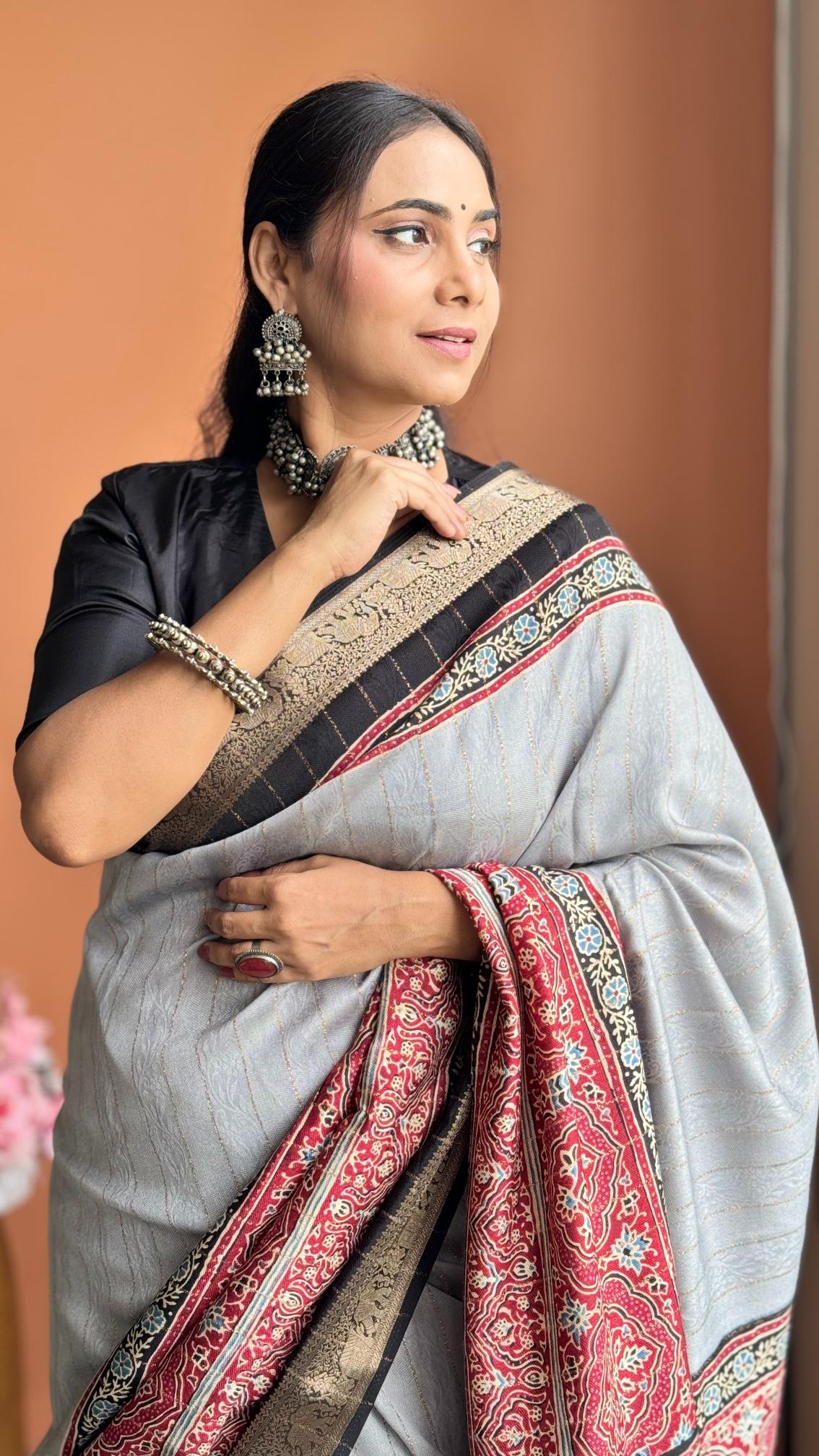 Majestic Gray And Black Ajrakh Kashmiri Modal silk Saree