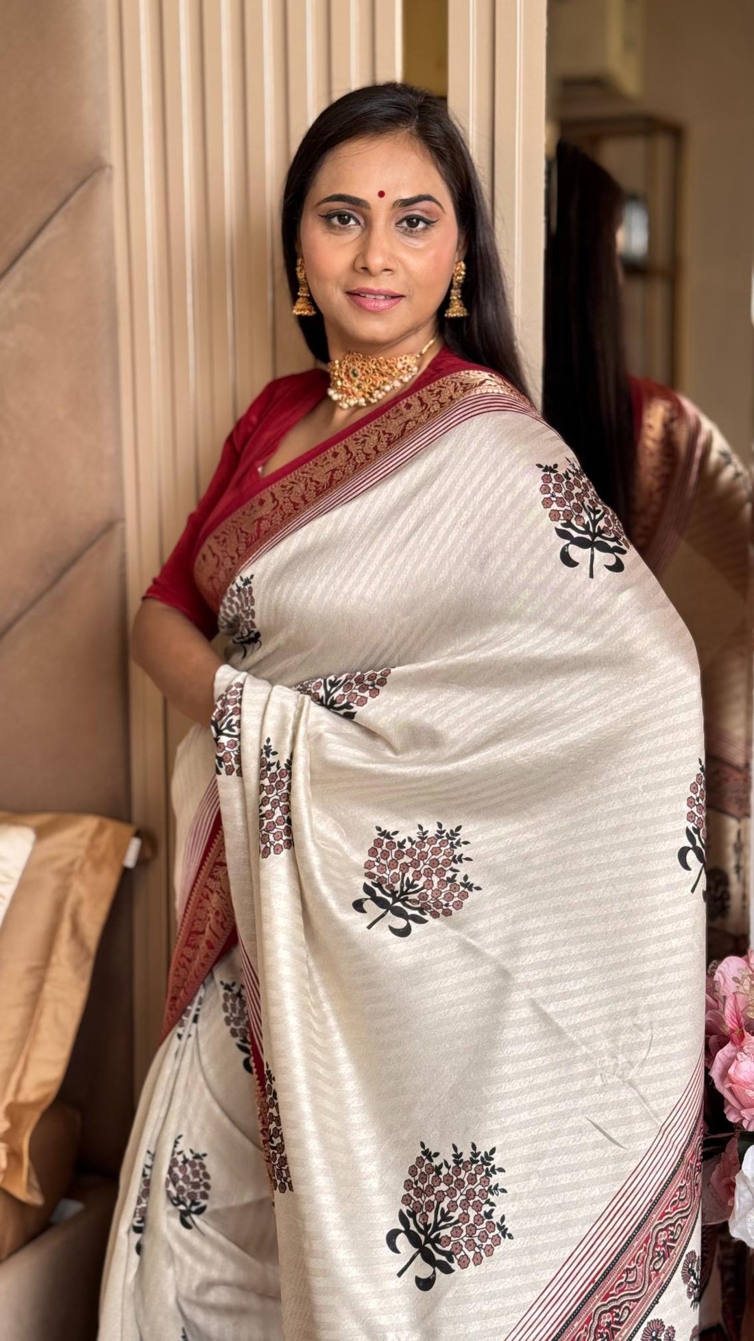 Luxuriant Maroon And Cream Ajrakh Kashmiri Modal silk Buta Leriya Saree