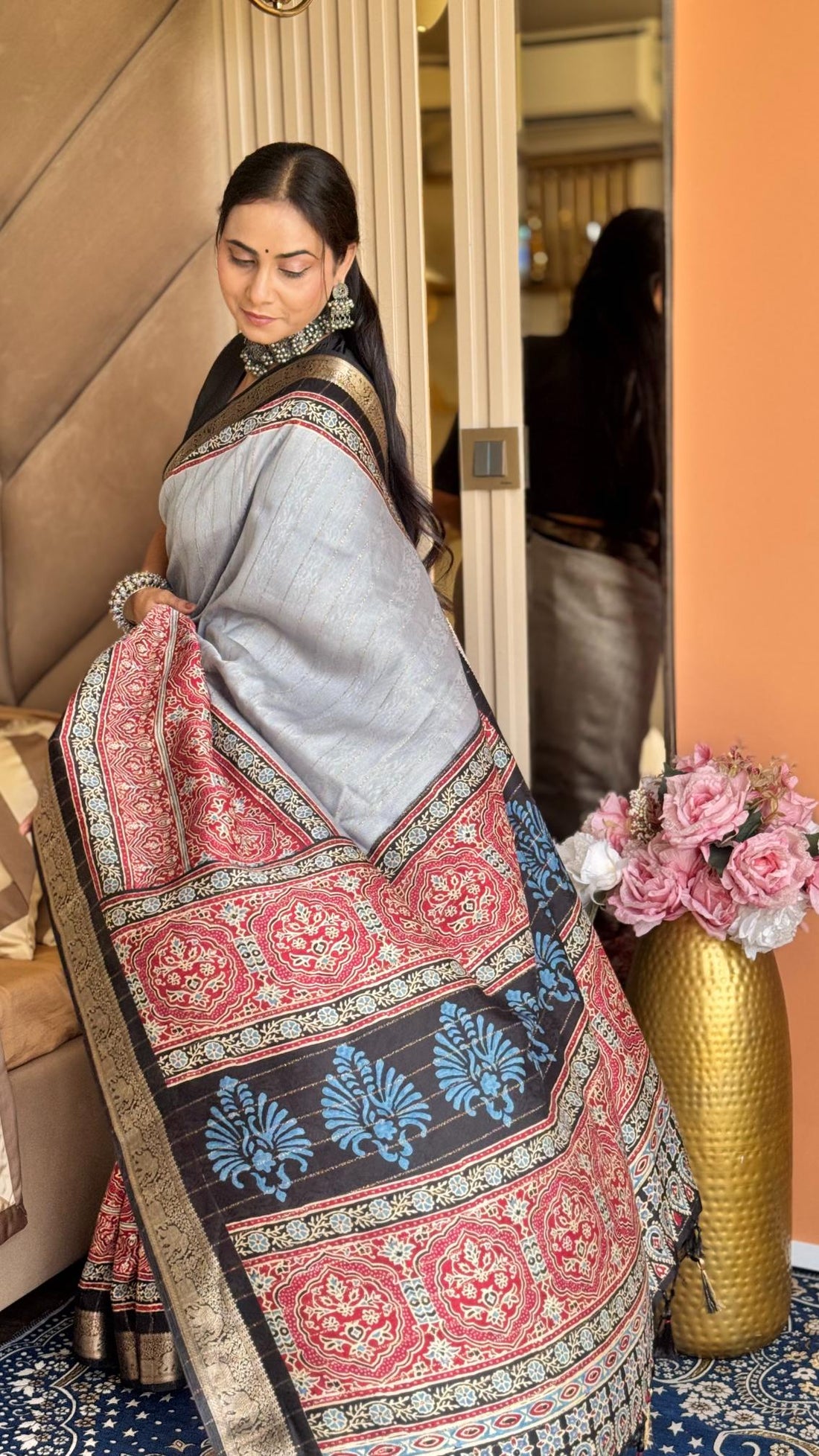 Majestic Gray And Black Ajrakh Kashmiri Modal silk Saree