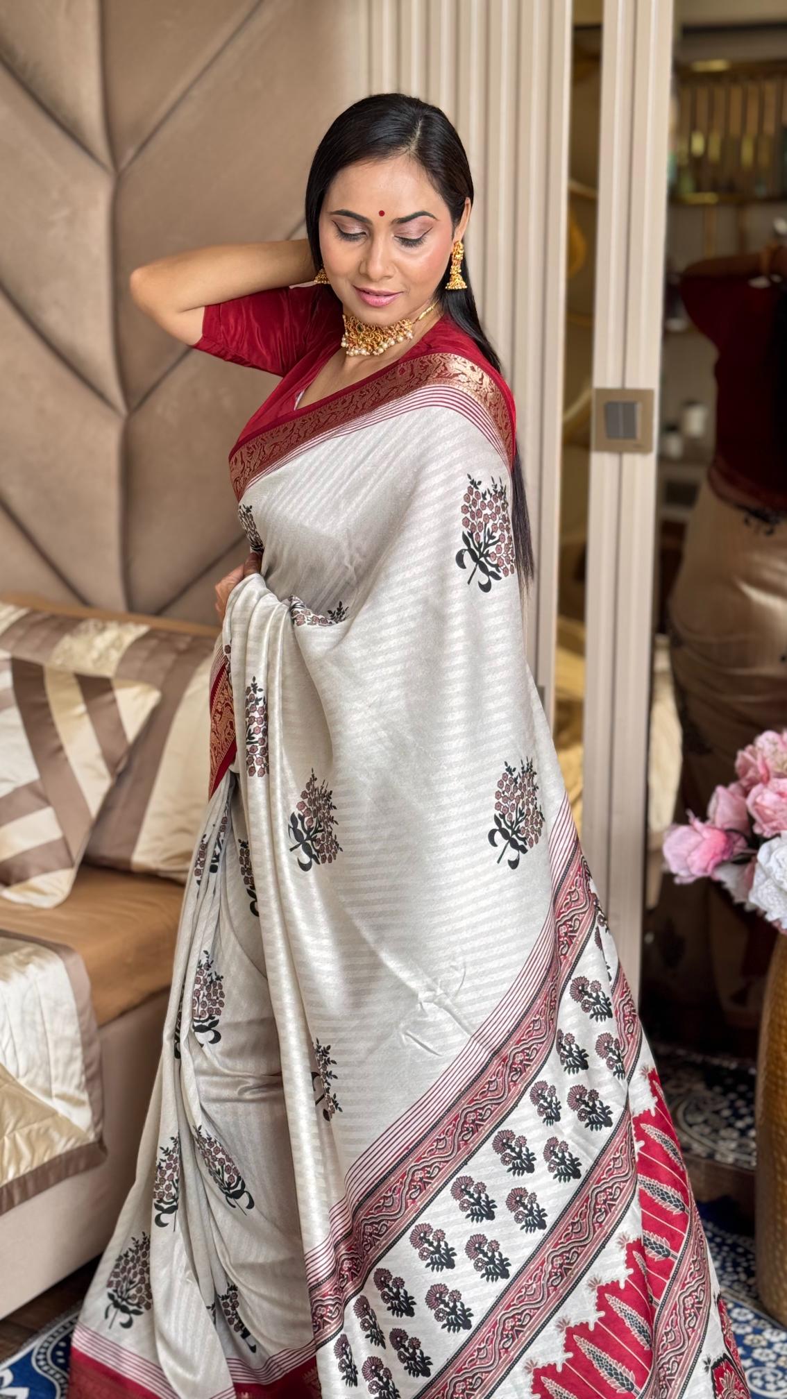 Luxuriant Maroon And Cream Ajrakh Kashmiri Modal silk Buta Leriya Saree