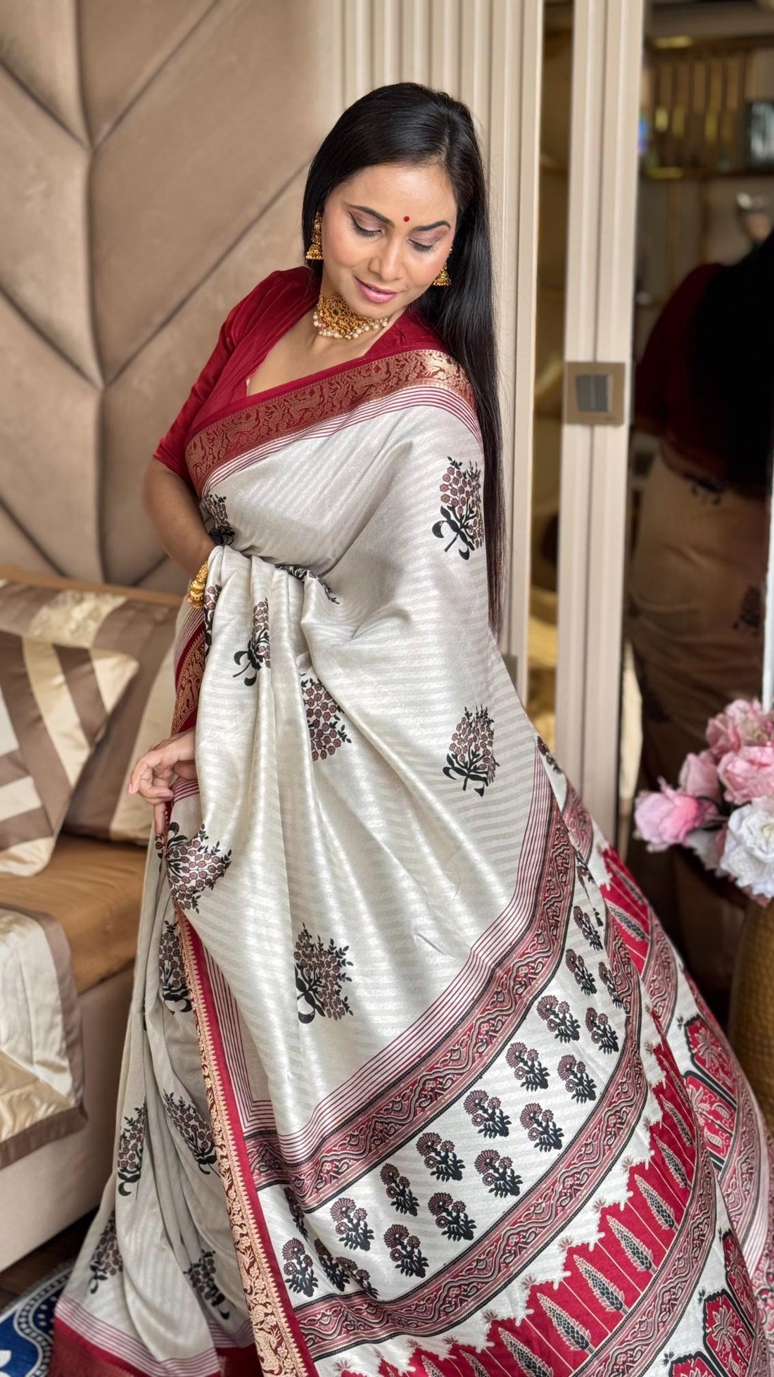 Luxuriant Maroon And Cream Ajrakh Kashmiri Modal silk Buta Leriya Saree