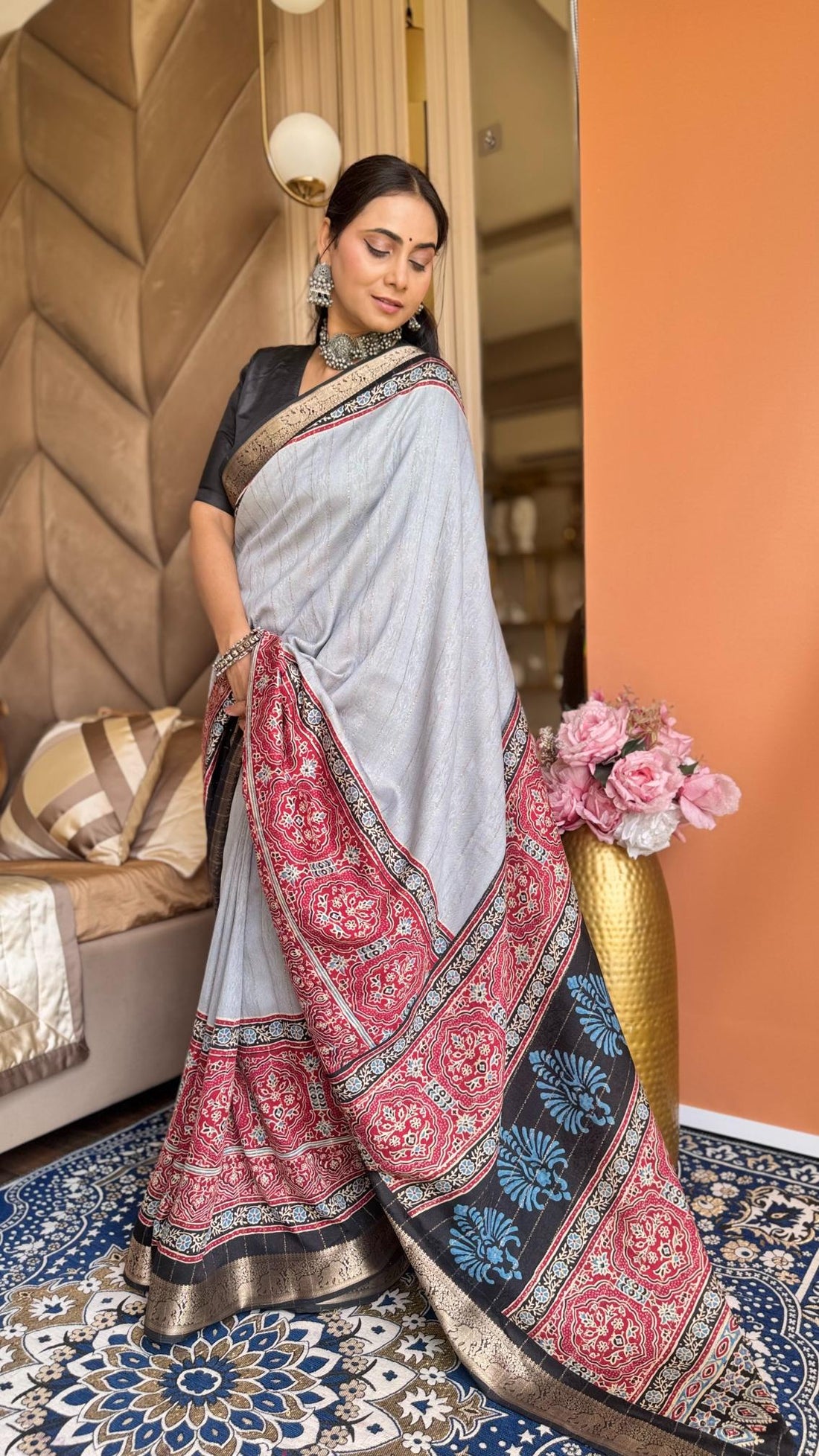 Majestic Gray And Black Ajrakh Kashmiri Modal silk Saree