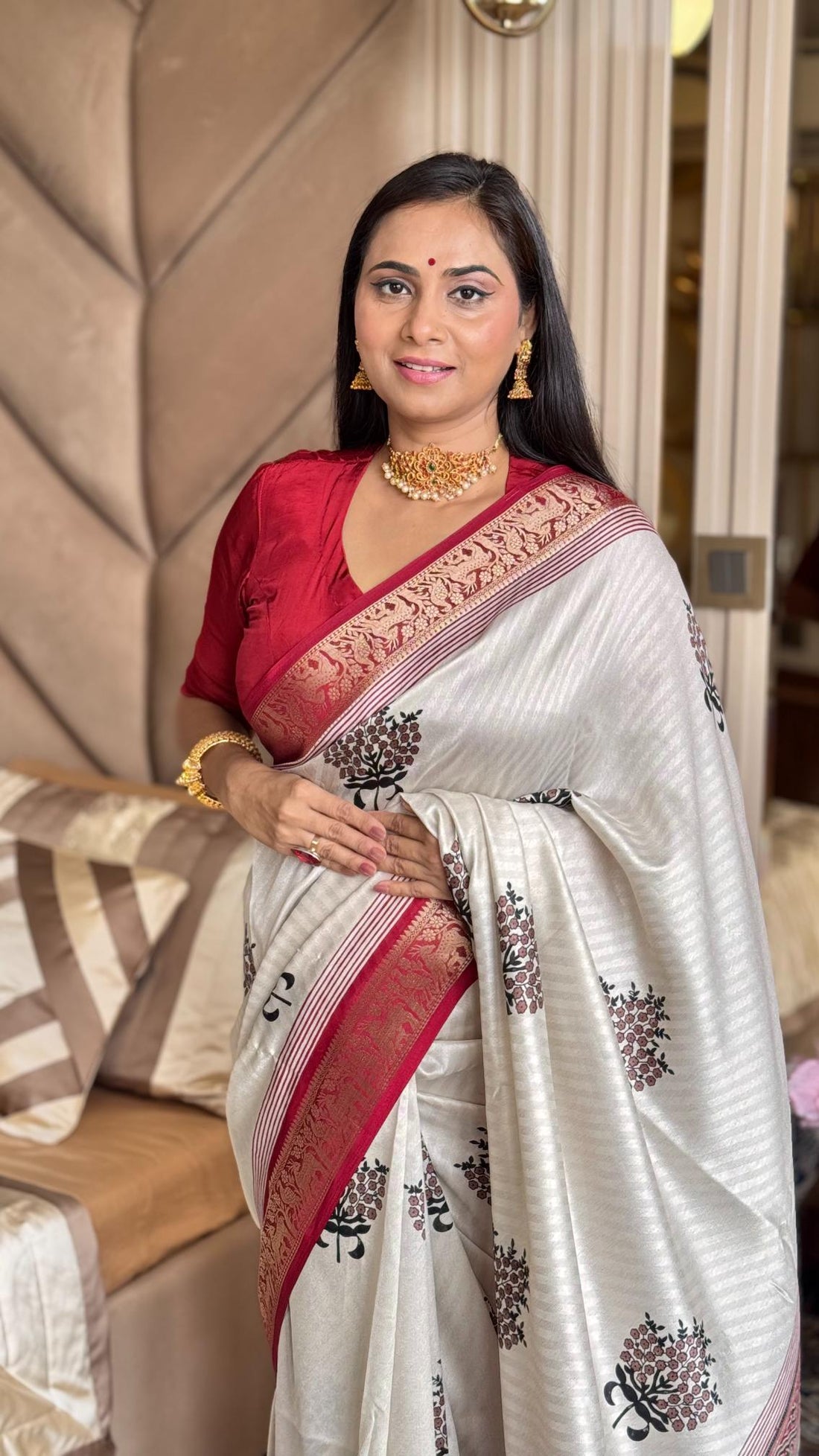 Luxuriant Maroon And Cream Ajrakh Kashmiri Modal silk Buta Leriya Saree