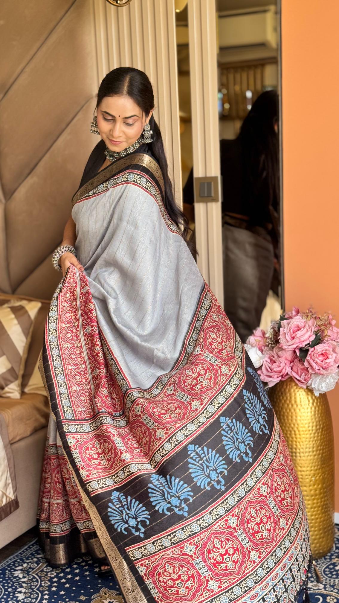 Majestic Gray And Black Ajrakh Kashmiri Modal silk Saree