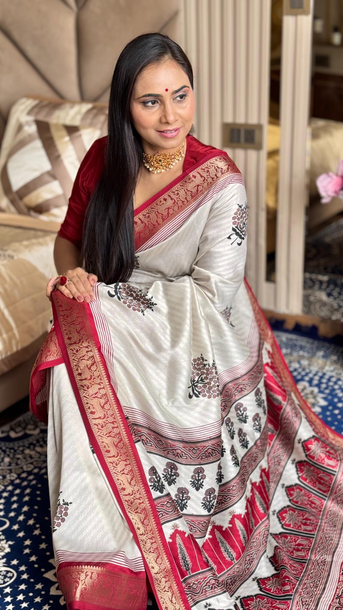 Luxuriant Maroon And Cream Ajrakh Kashmiri Modal silk Buta Leriya Saree