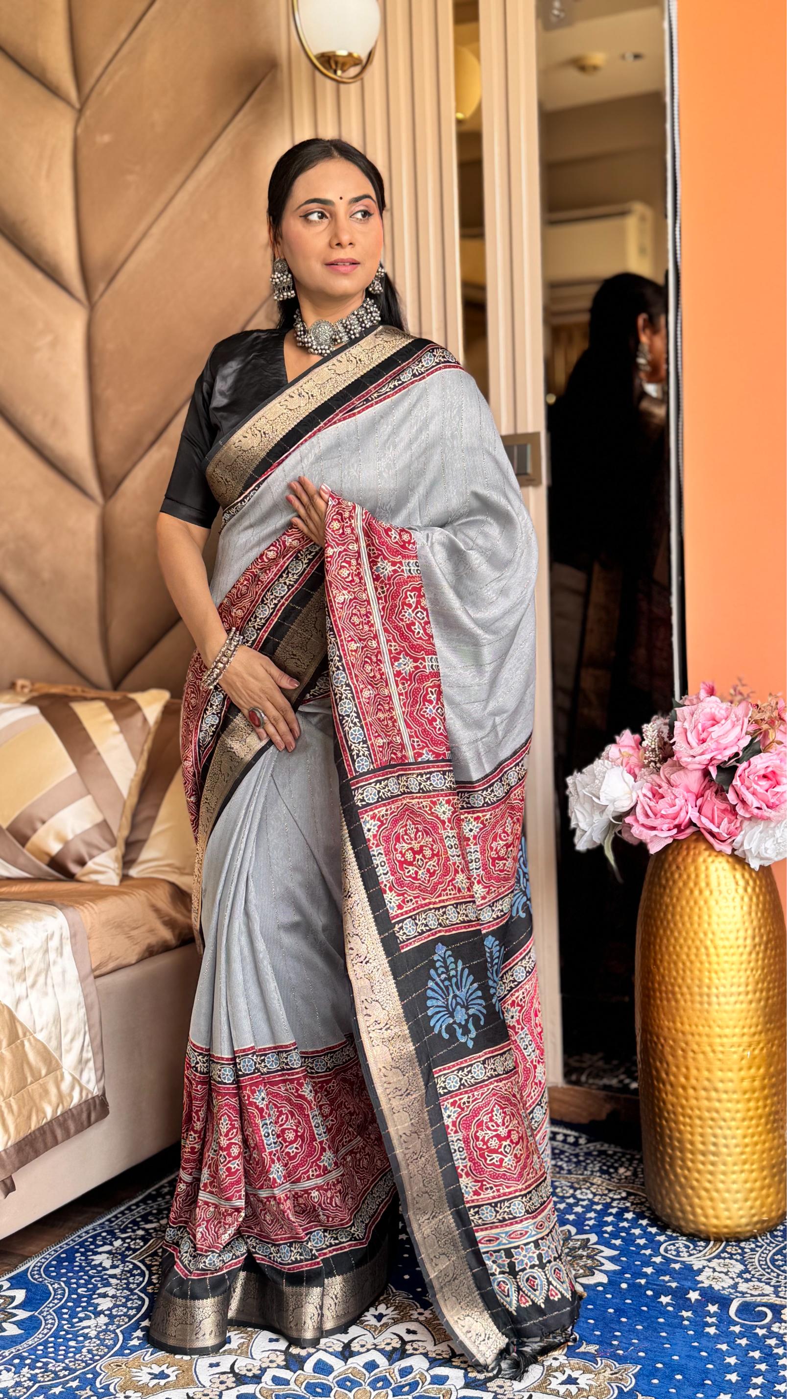 Majestic Gray And Black Ajrakh Kashmiri Modal silk Saree