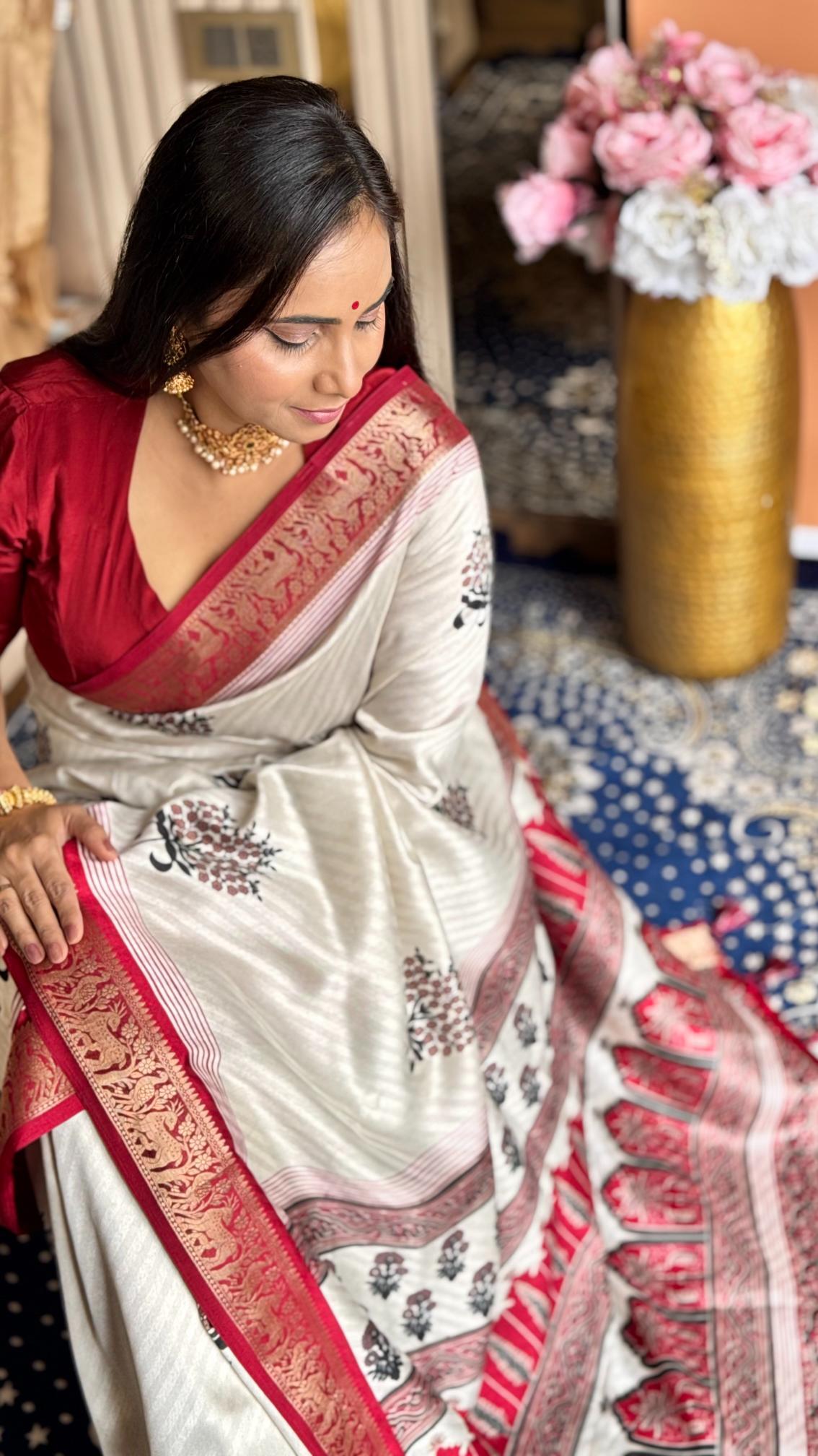 Luxuriant Maroon And Cream Ajrakh Kashmiri Modal silk Buta Leriya Saree