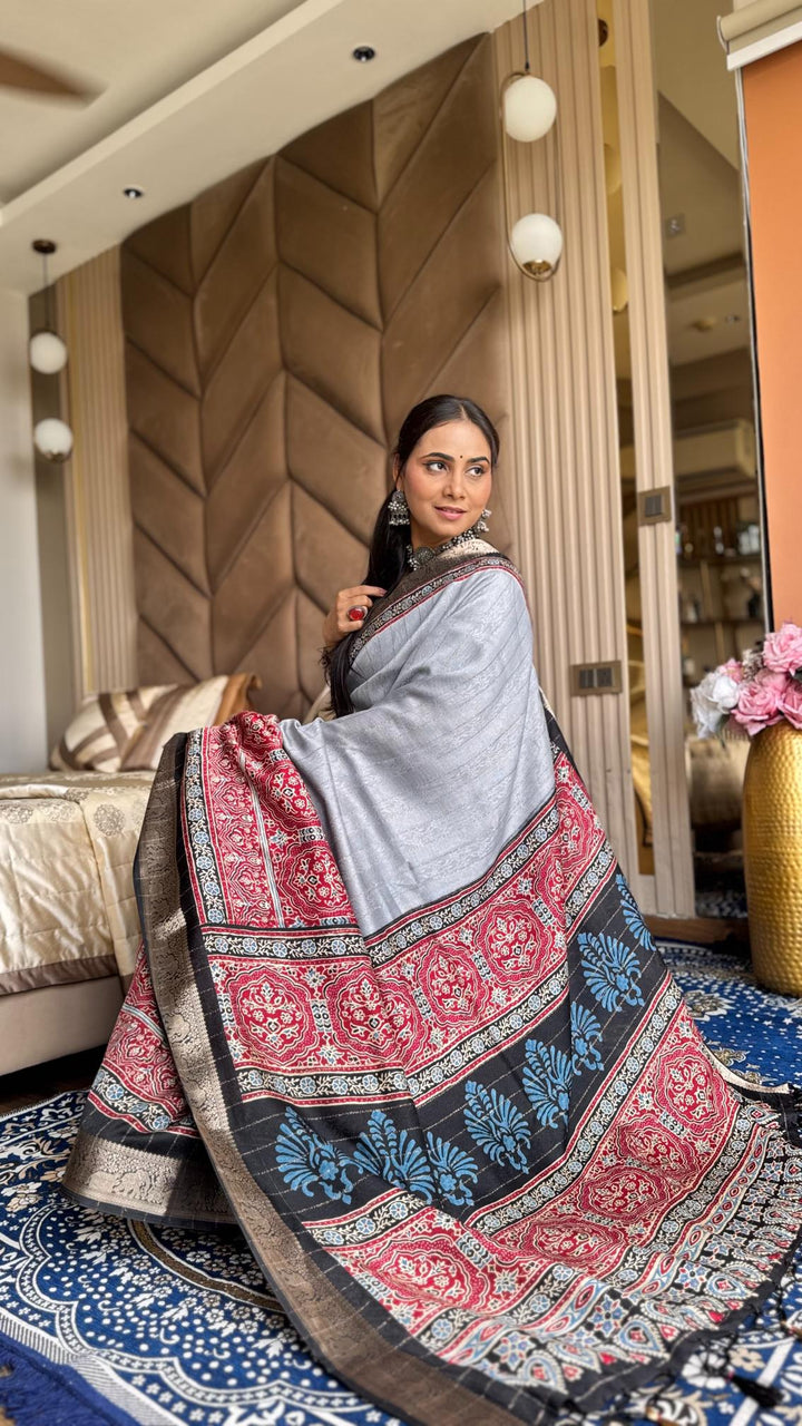 Majestic Gray And Black Ajrakh Kashmiri Modal silk Saree