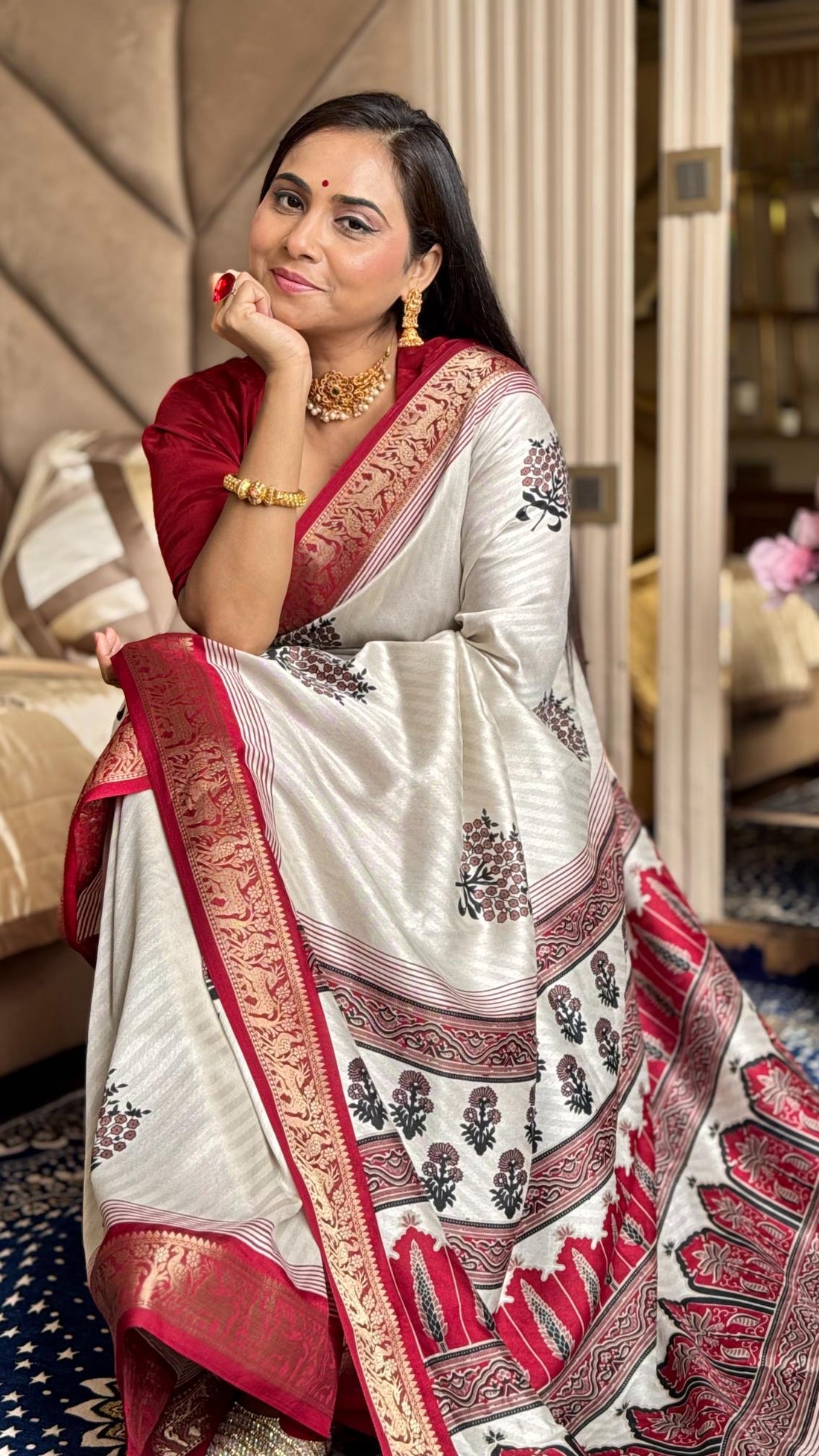 Luxuriant Maroon And Cream Ajrakh Kashmiri Modal silk Buta Leriya Saree