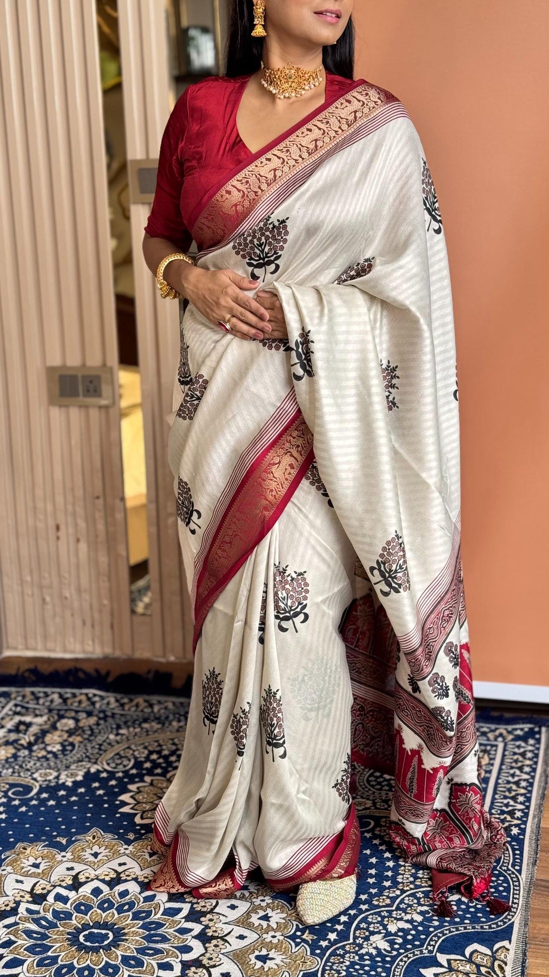 Luxuriant Maroon And Cream Ajrakh Kashmiri Modal silk Buta Leriya Saree