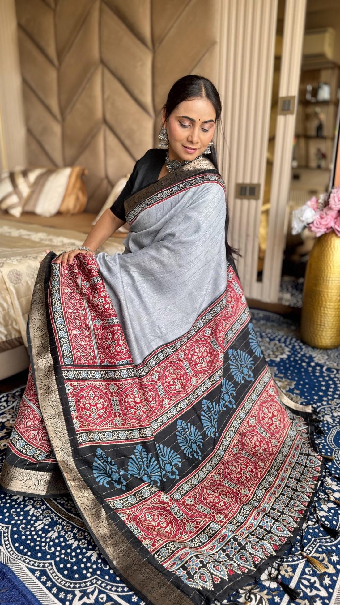 Majestic Gray And Black Ajrakh Kashmiri Modal silk Saree