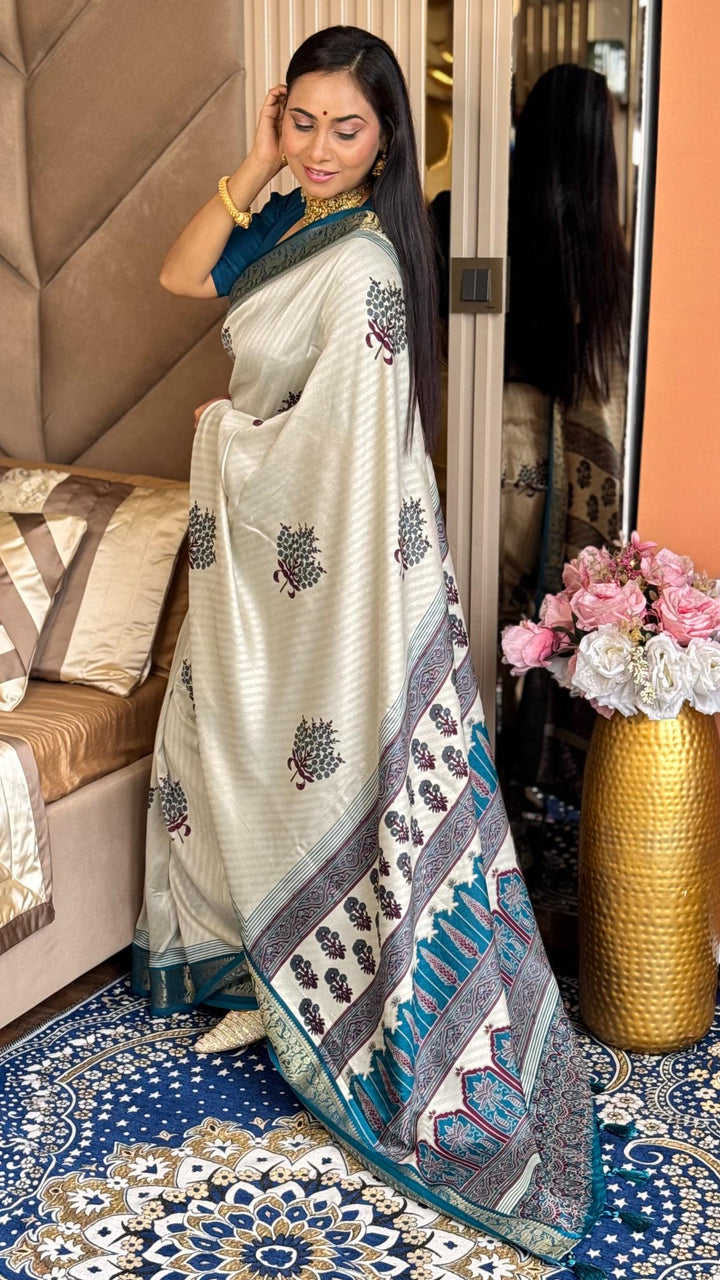 Outstanding Rama And Cream Ajrakh Kashmiri Modal silk Buta Leriya Saree