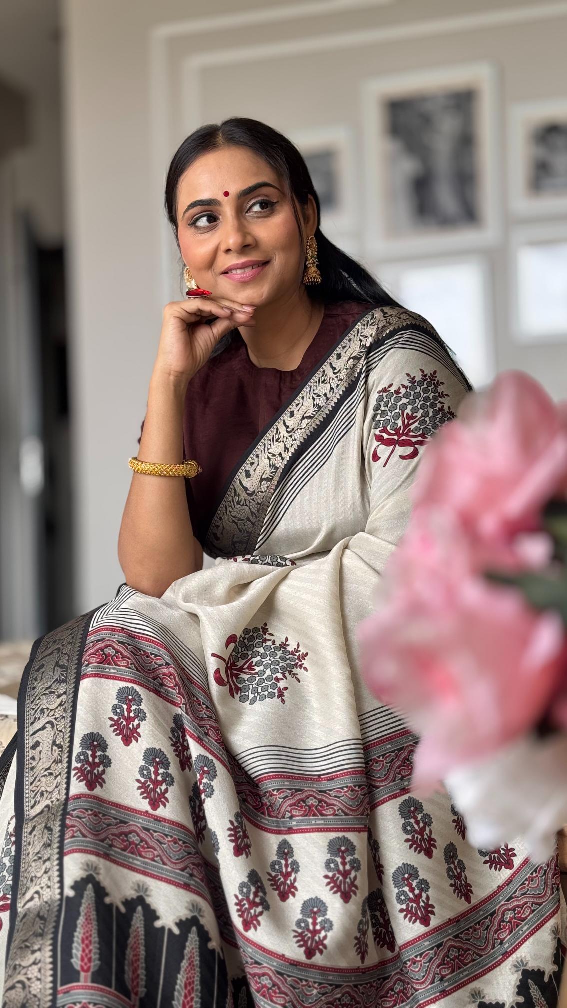Amazing Black And Cream Ajrakh Kashmiri Modal silk Buta Leriya Saree