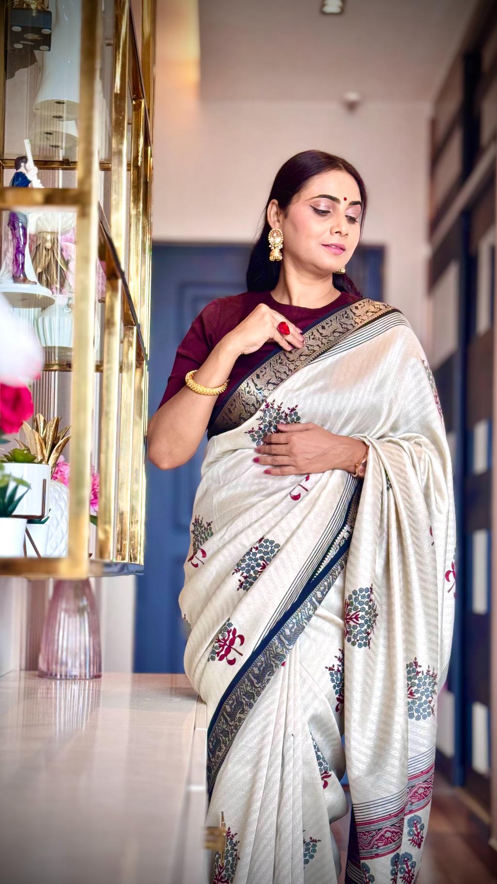 Amazing Black And Cream Ajrakh Kashmiri Modal silk Buta Leriya Saree
