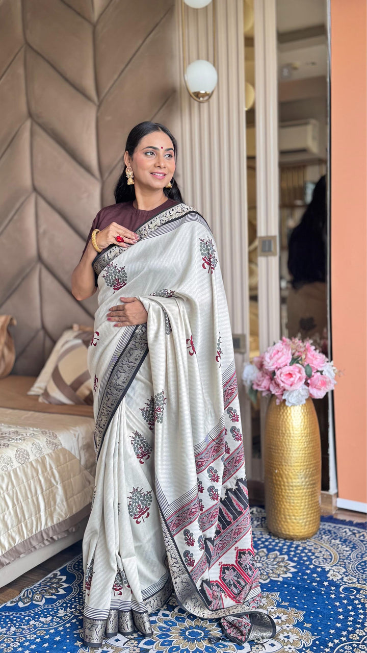 Amazing Black And Cream Ajrakh Kashmiri Modal silk Buta Leriya Saree