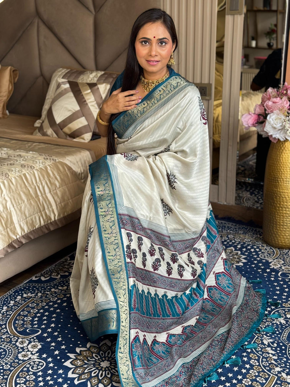 Outstanding Rama And Cream Ajrakh Kashmiri Modal silk Buta Leriya Saree