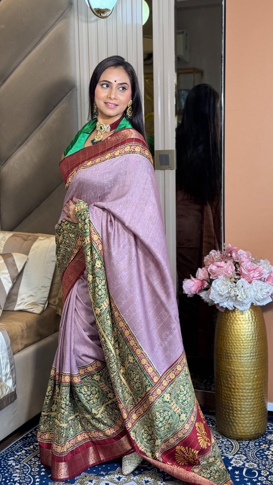Alluring Hot Pink Ajrakh Kashmiri Modal silk Saree