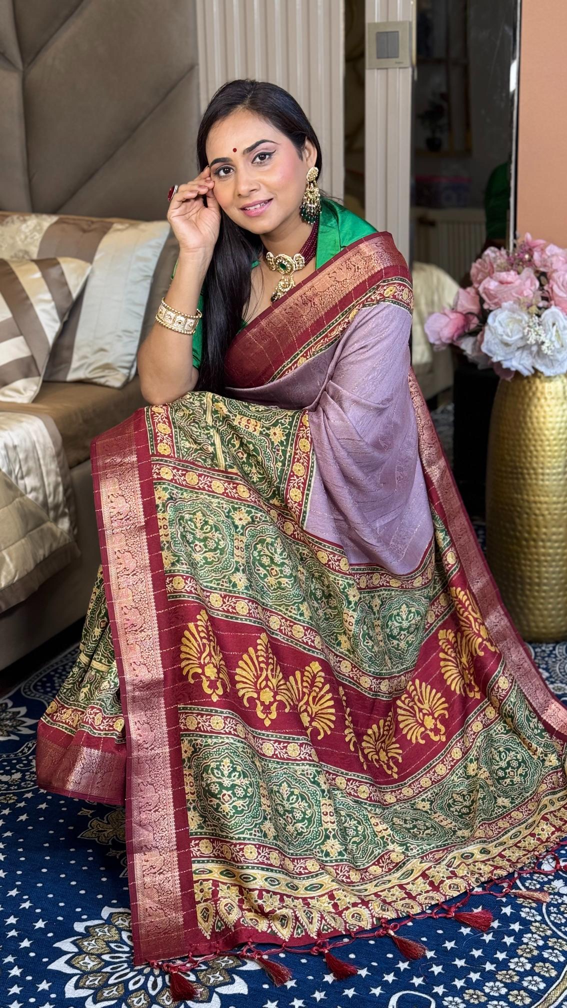 Alluring Hot Pink Ajrakh Kashmiri Modal silk Saree