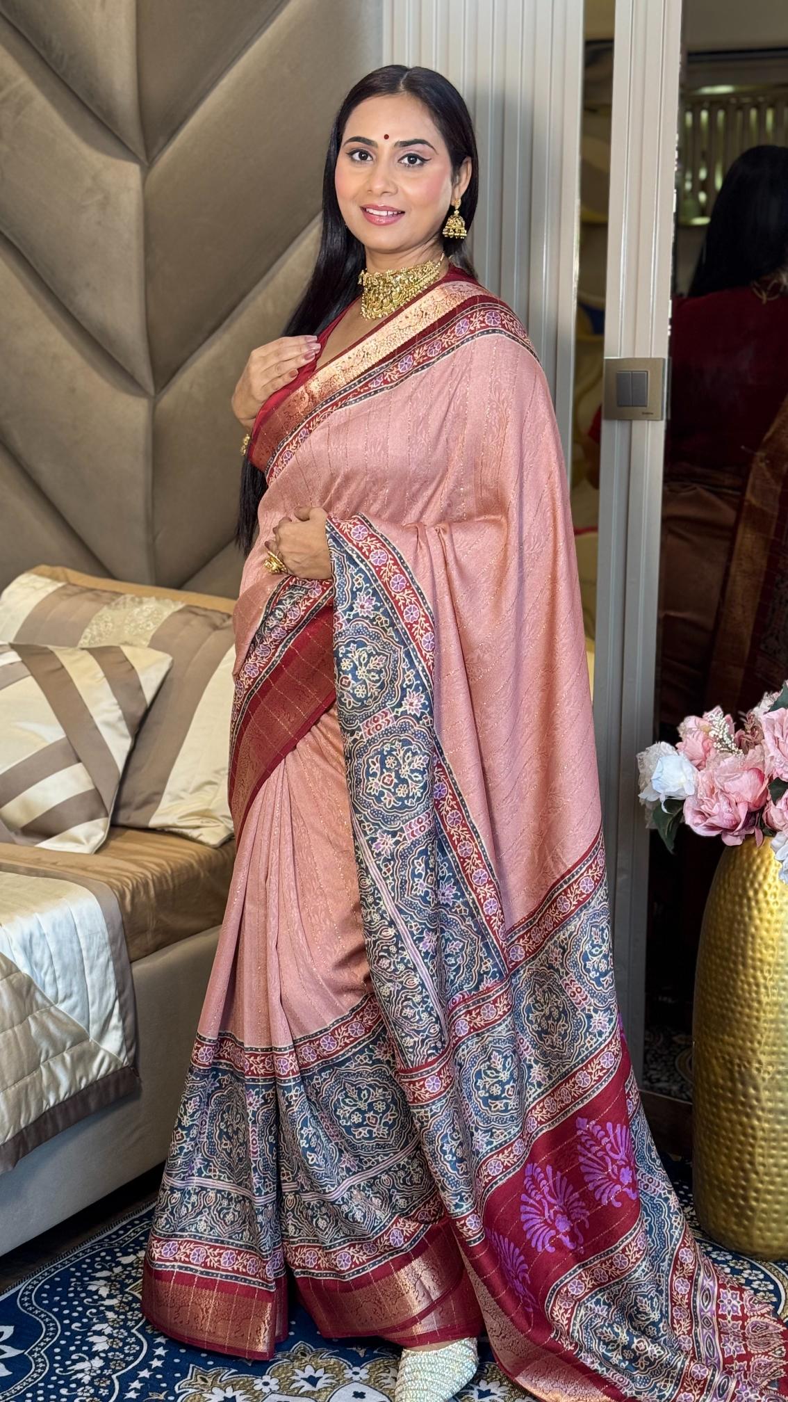 Luxe Peach And MaroonAjrakh Kashmiri Modal silk Saree