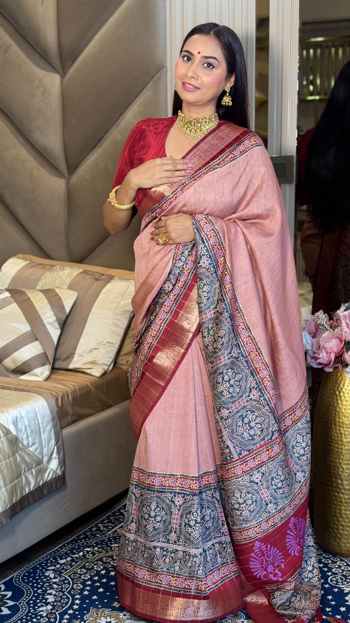 Luxe Peach And MaroonAjrakh Kashmiri Modal silk Saree