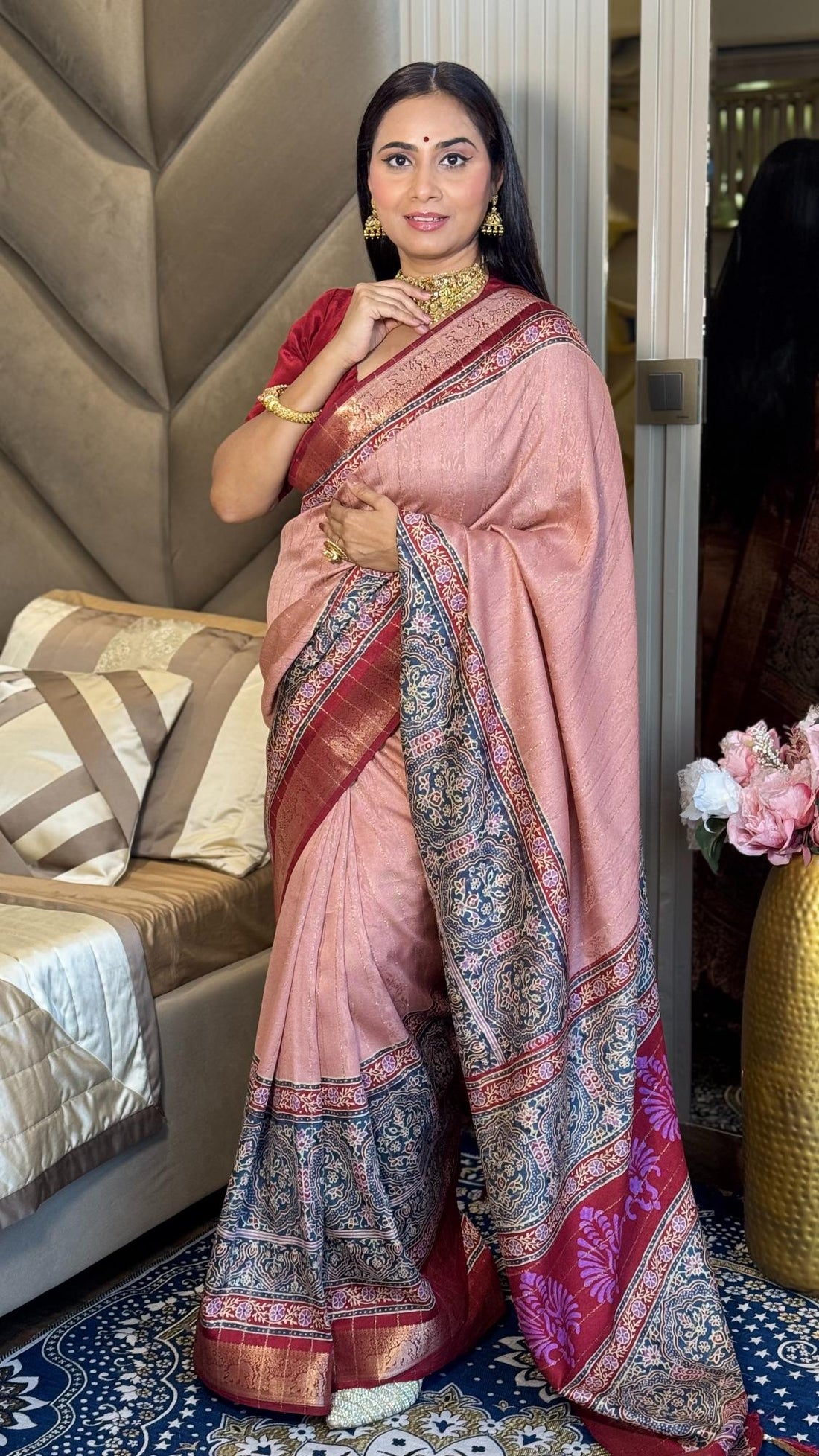 Luxe Peach And MaroonAjrakh Kashmiri Modal silk Saree
