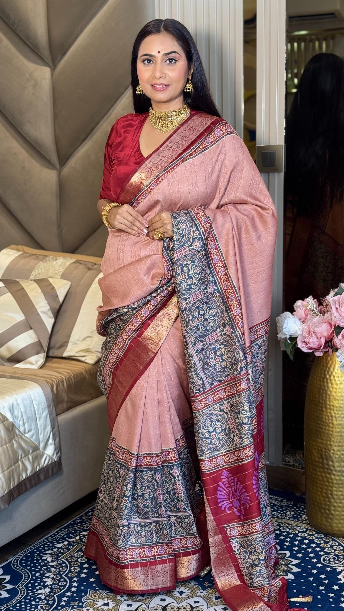 Luxe Peach And MaroonAjrakh Kashmiri Modal silk Saree