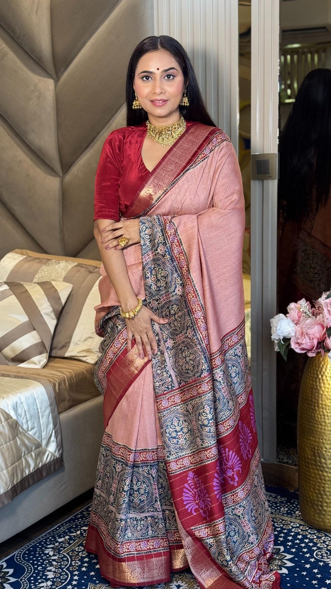 Luxe Peach And MaroonAjrakh Kashmiri Modal silk Saree
