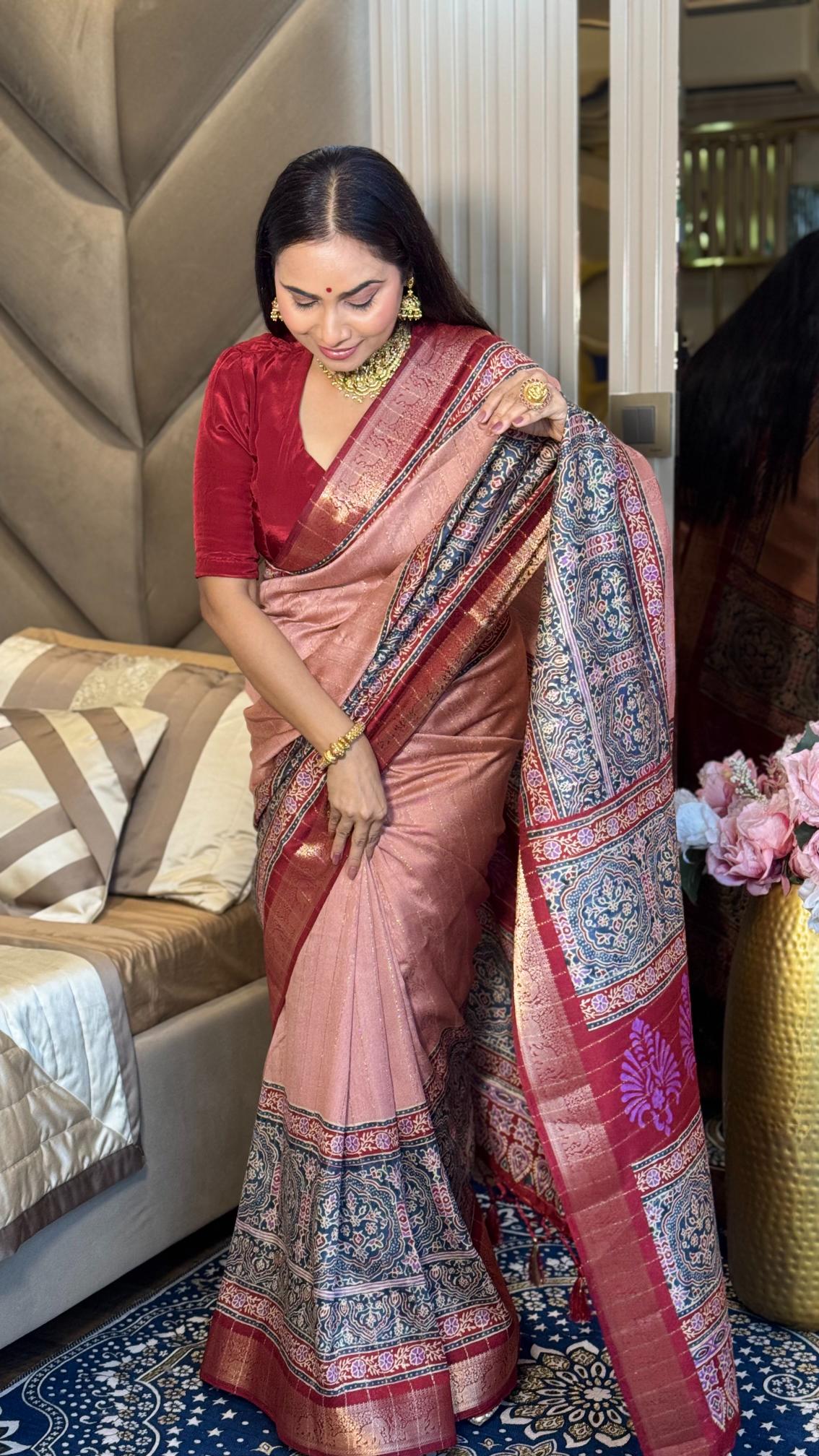 Luxe Peach And MaroonAjrakh Kashmiri Modal silk Saree