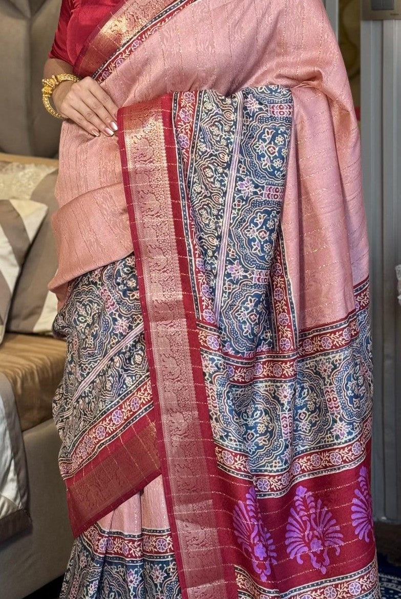 Luxe Peach And MaroonAjrakh Kashmiri Modal silk Saree
