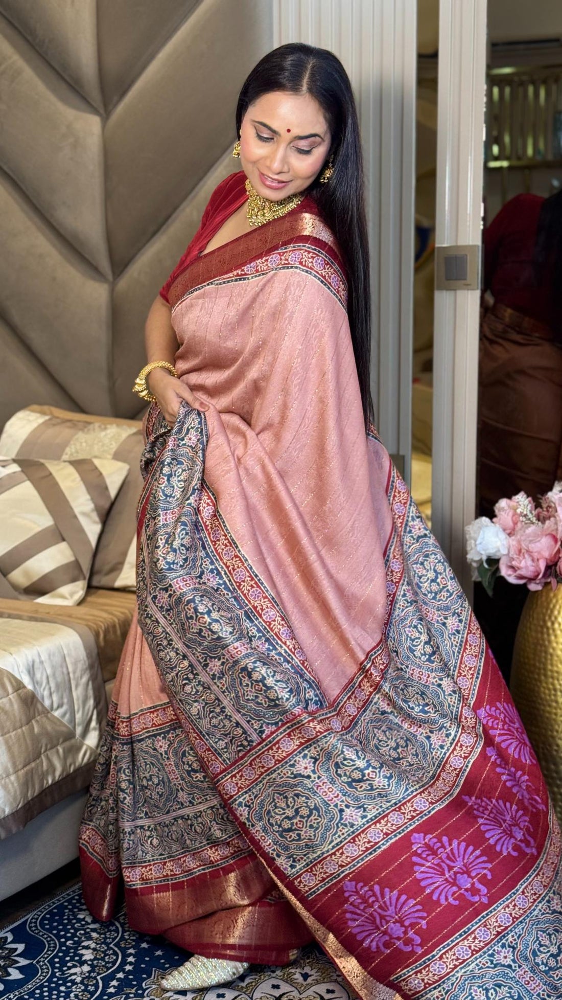 Luxe Peach And MaroonAjrakh Kashmiri Modal silk Saree