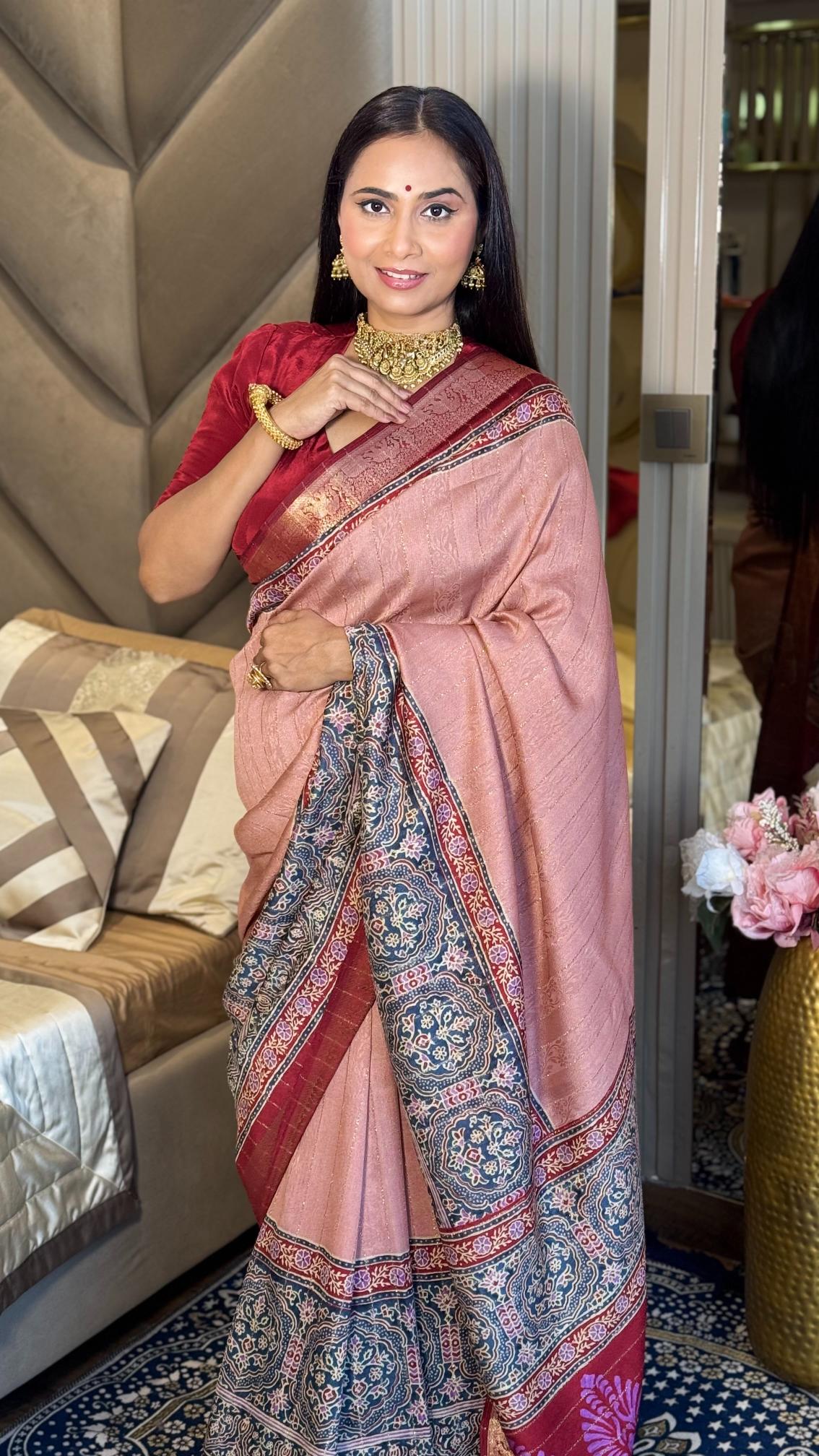 Luxe Peach And MaroonAjrakh Kashmiri Modal silk Saree