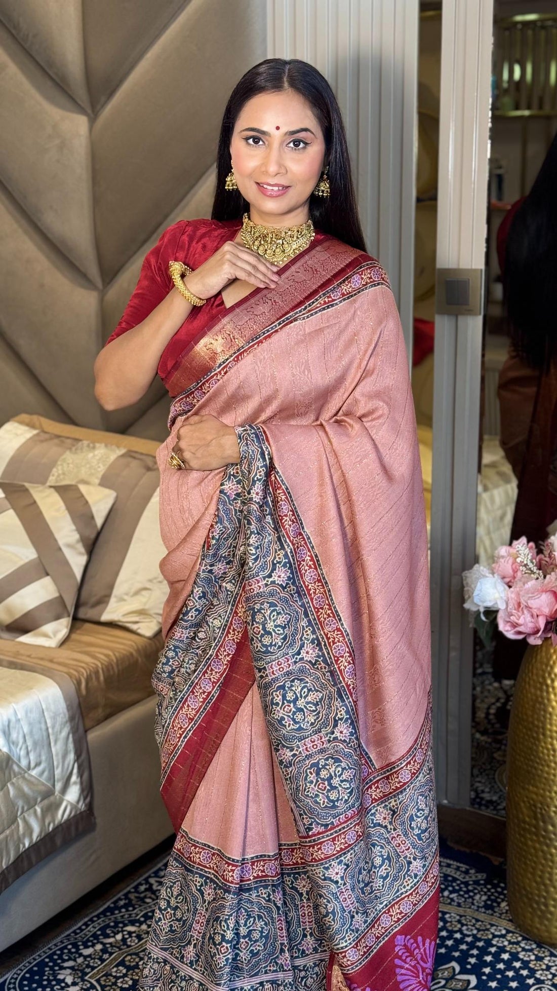 Luxe Peach And MaroonAjrakh Kashmiri Modal silk Saree