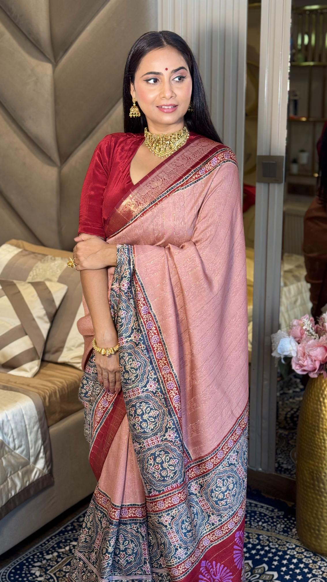 Luxe Peach And MaroonAjrakh Kashmiri Modal silk Saree