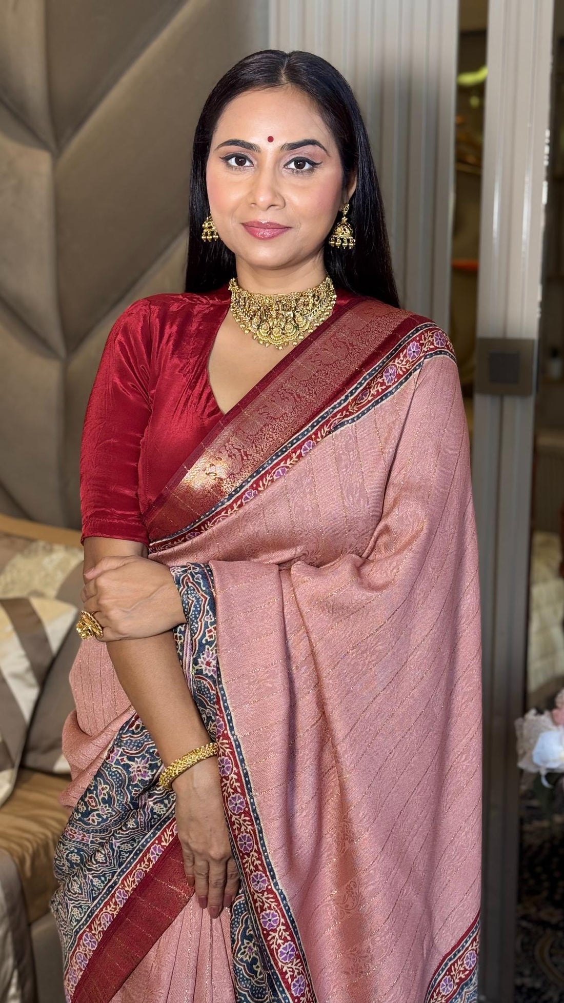 Luxe Peach And MaroonAjrakh Kashmiri Modal silk Saree