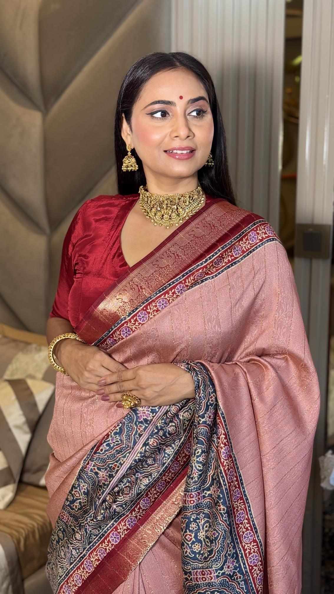 Luxe Peach And MaroonAjrakh Kashmiri Modal silk Saree