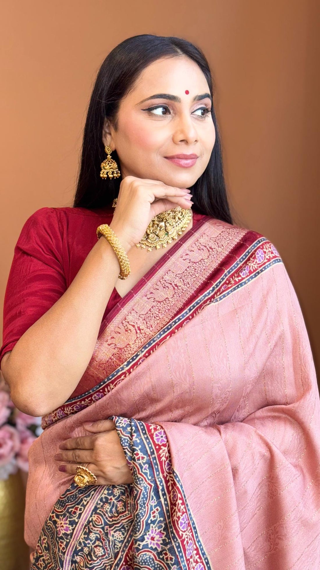 Luxe Peach And MaroonAjrakh Kashmiri Modal silk Saree