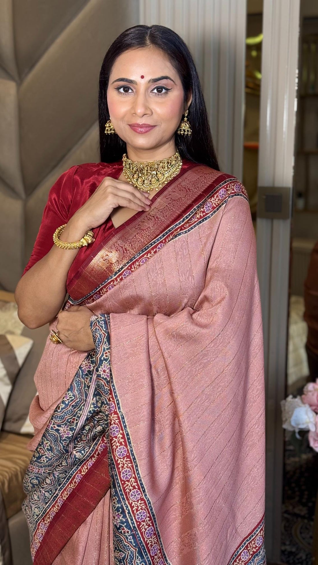 Luxe Peach And MaroonAjrakh Kashmiri Modal silk Saree