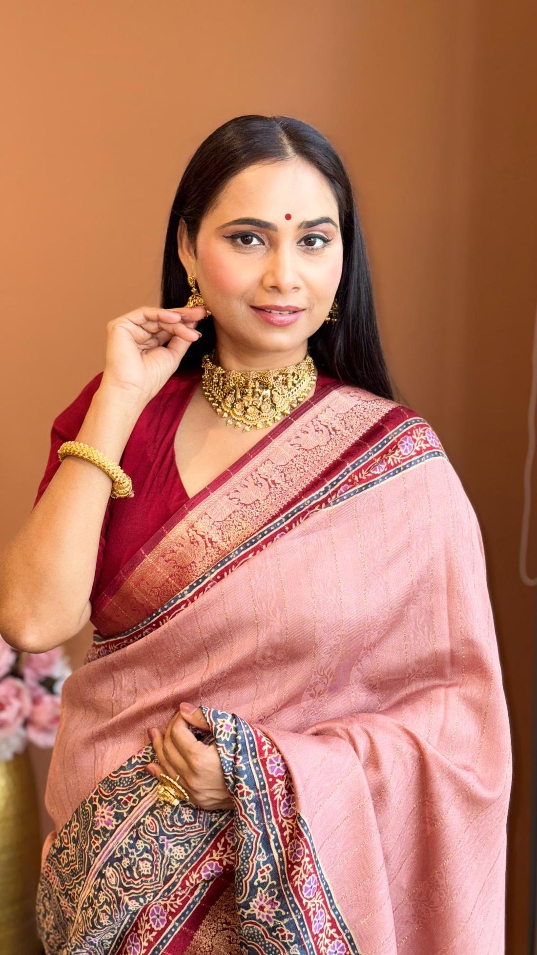 Luxe Peach And MaroonAjrakh Kashmiri Modal silk Saree