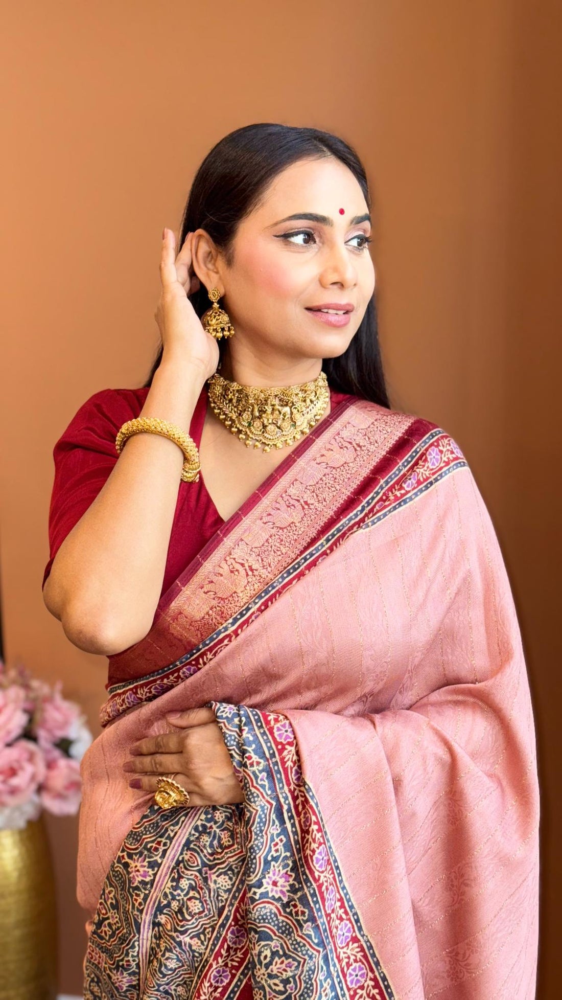 Luxe Peach And MaroonAjrakh Kashmiri Modal silk Saree