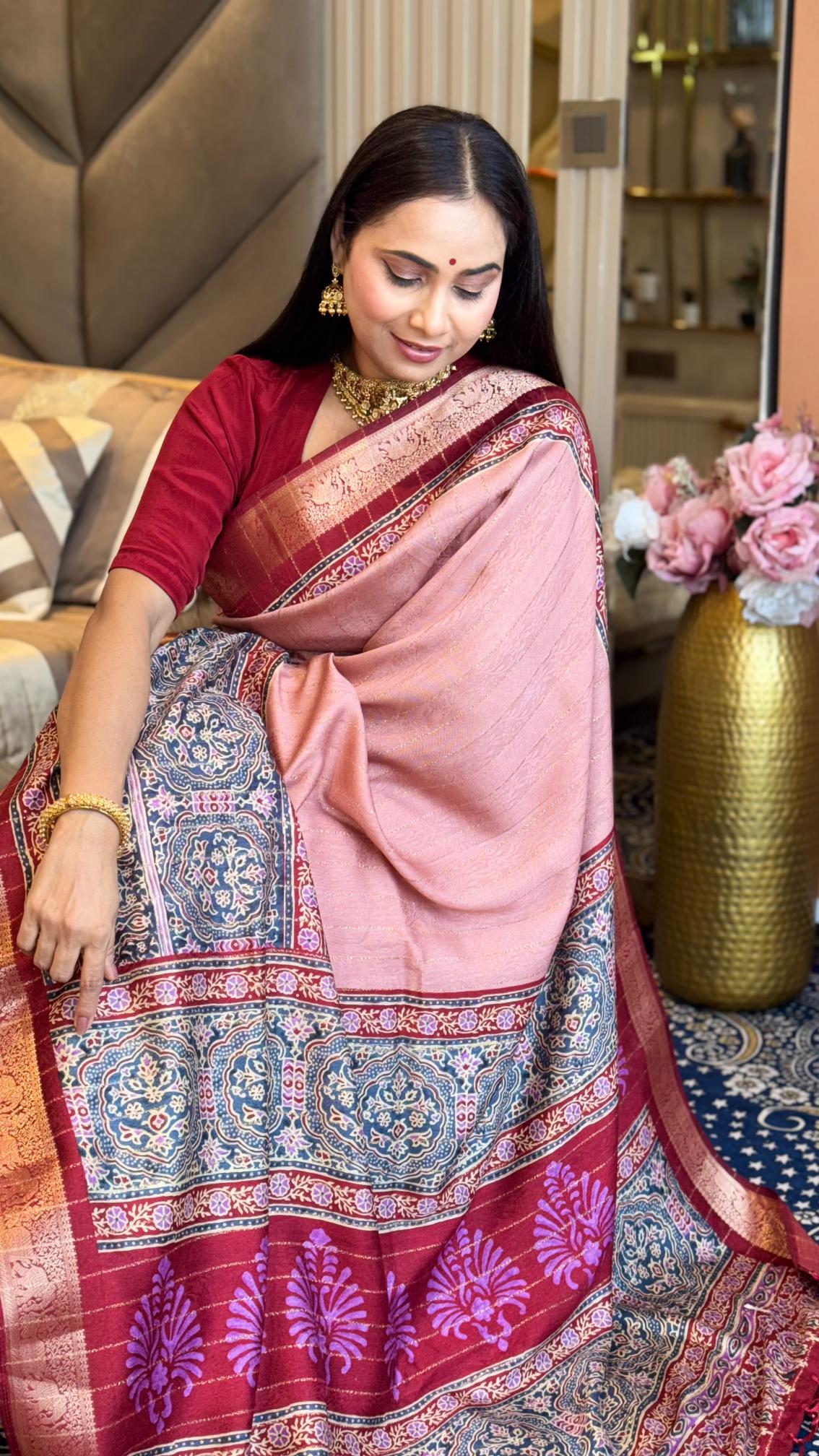 Luxe Peach And MaroonAjrakh Kashmiri Modal silk Saree