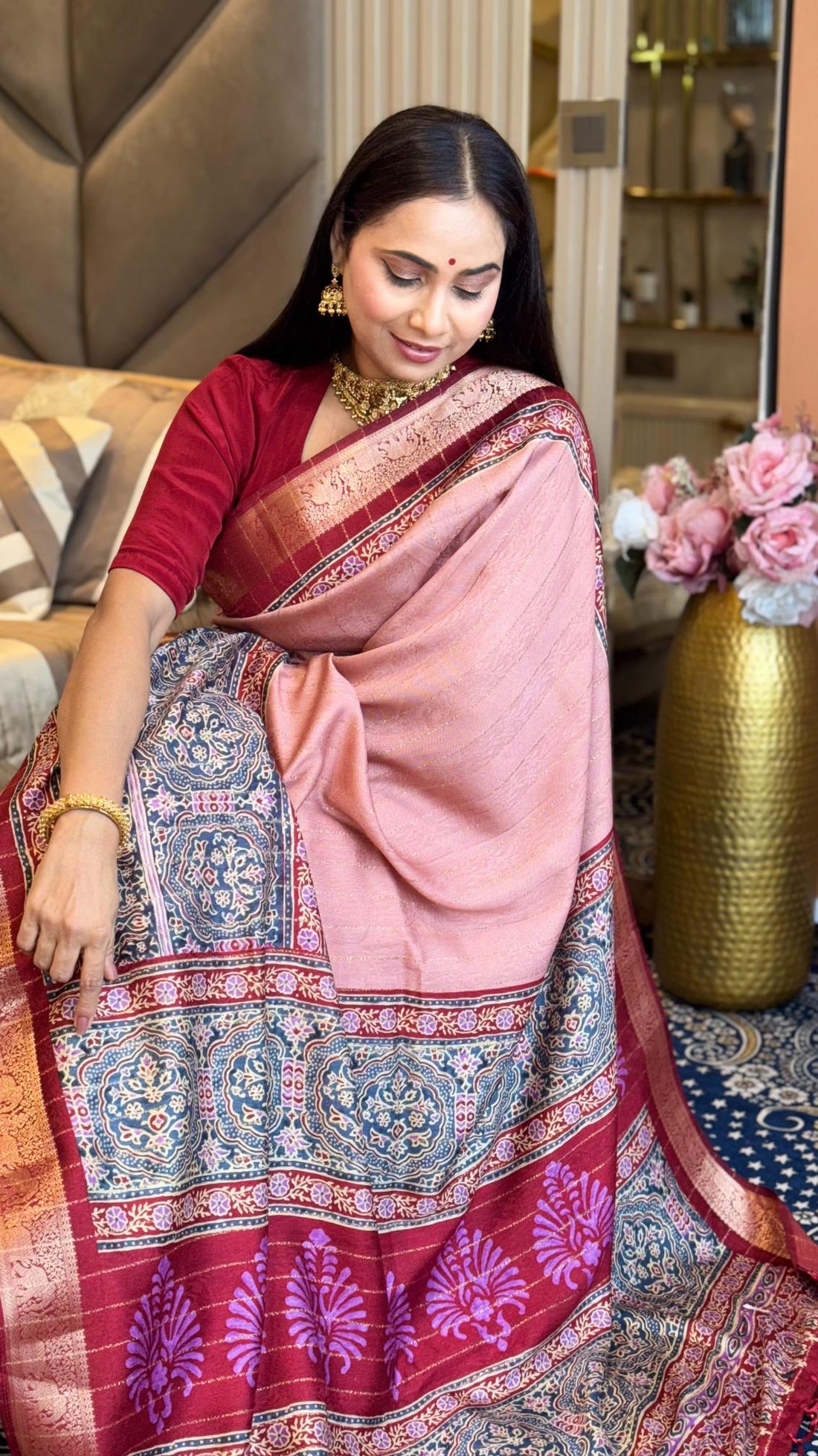 Luxe Peach And MaroonAjrakh Kashmiri Modal silk Saree
