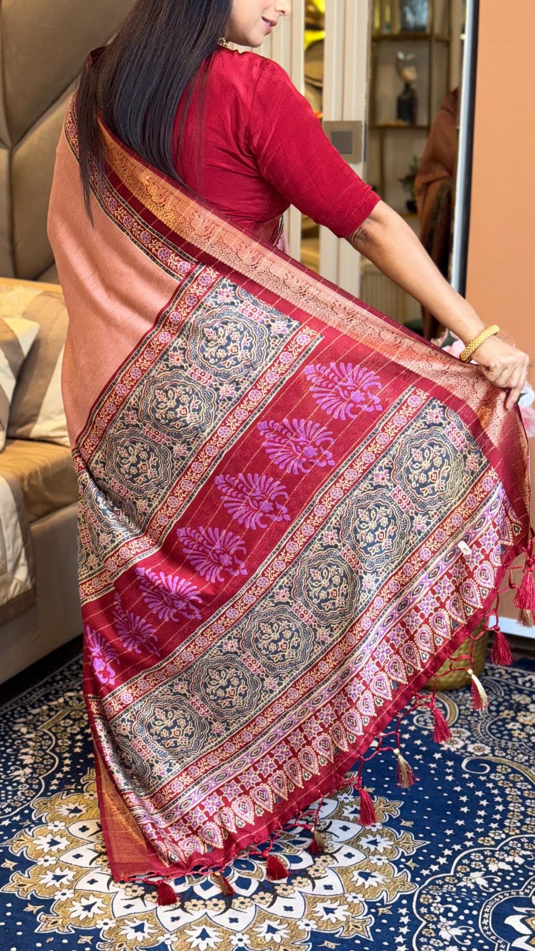 Luxe Peach And MaroonAjrakh Kashmiri Modal silk Saree