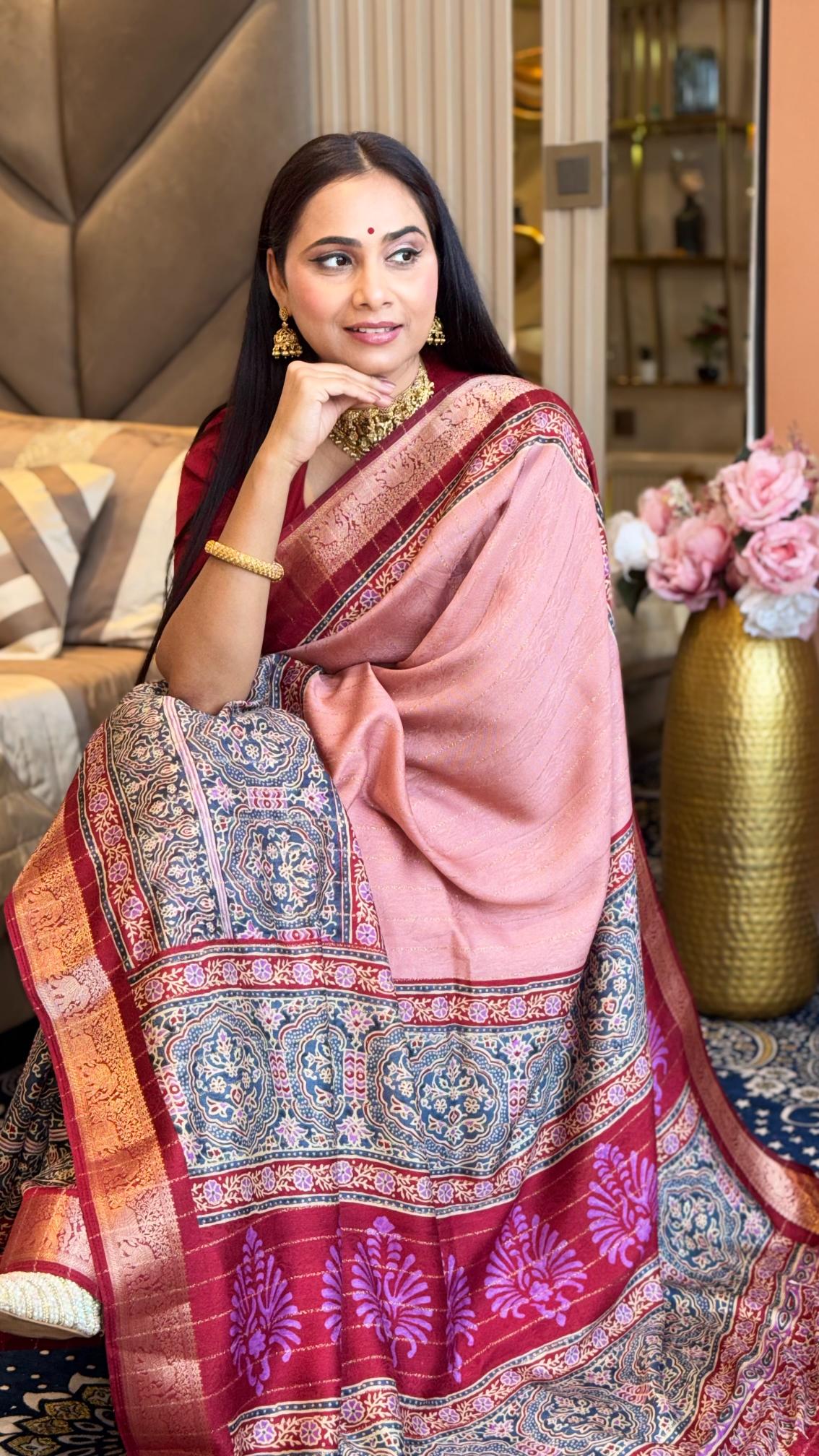 Luxe Peach And MaroonAjrakh Kashmiri Modal silk Saree