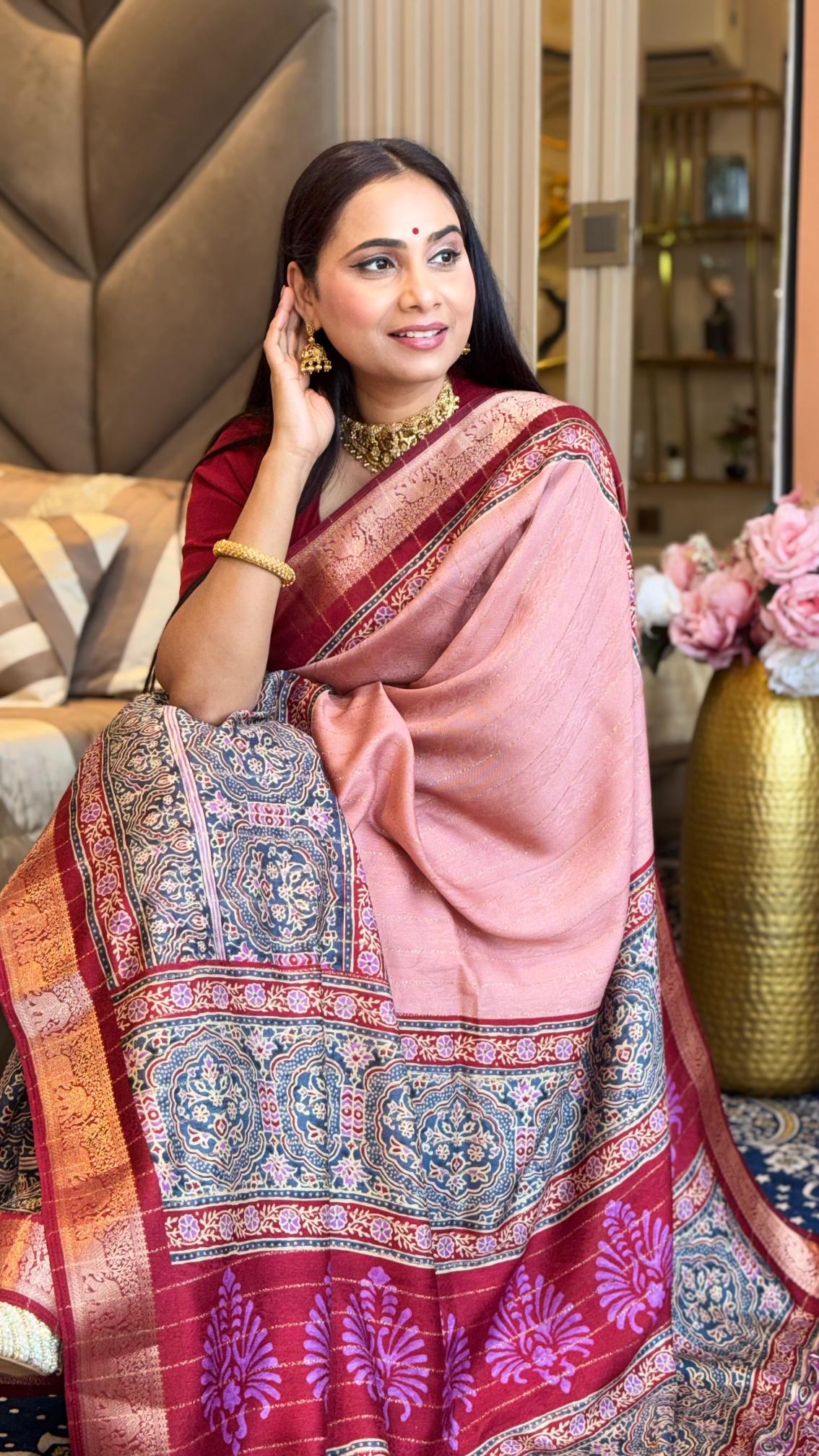 Luxe Peach And MaroonAjrakh Kashmiri Modal silk Saree