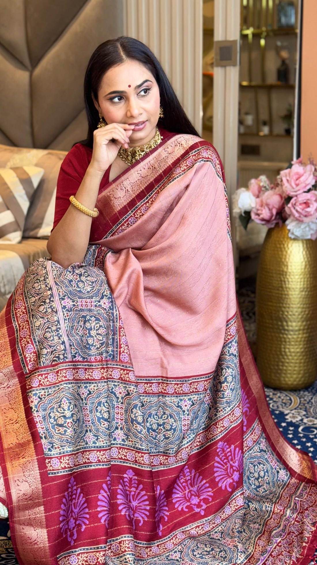 Luxe Peach And MaroonAjrakh Kashmiri Modal silk Saree