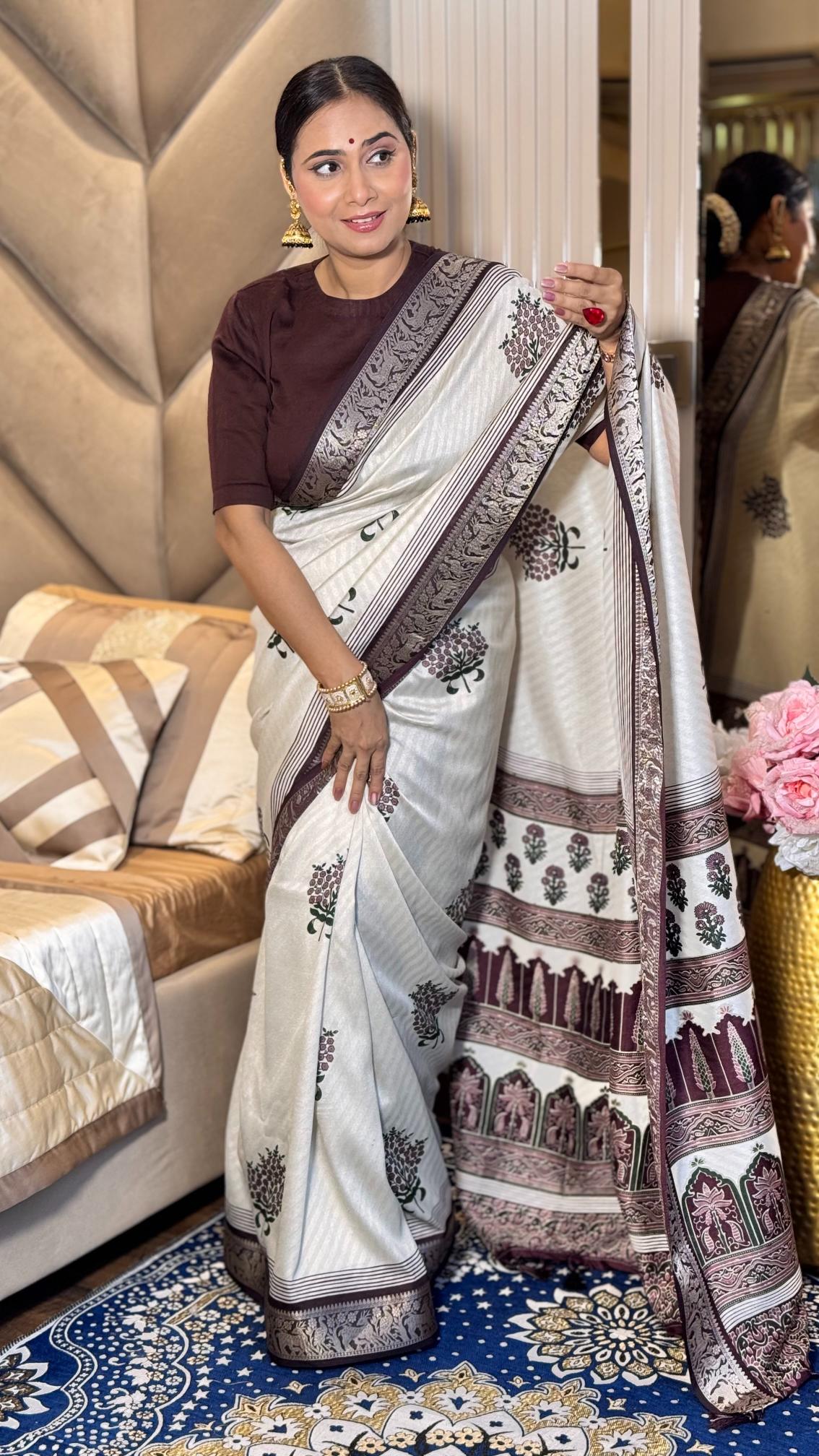 Adorable Wine And Cream Ajrakh Kashmiri Modal silk Buta Leriya Saree