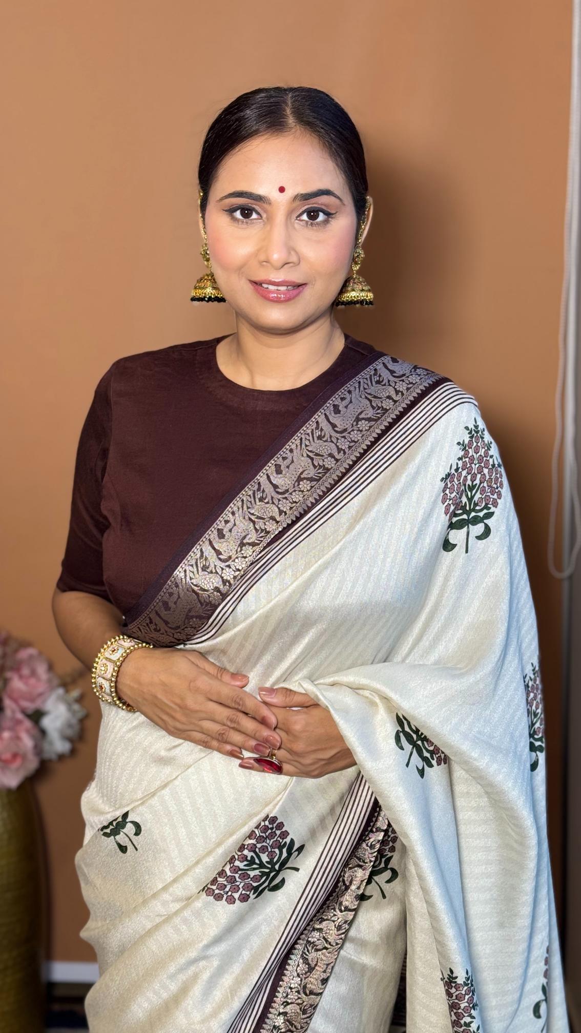 Adorable Wine And Cream Ajrakh Kashmiri Modal silk Buta Leriya Saree